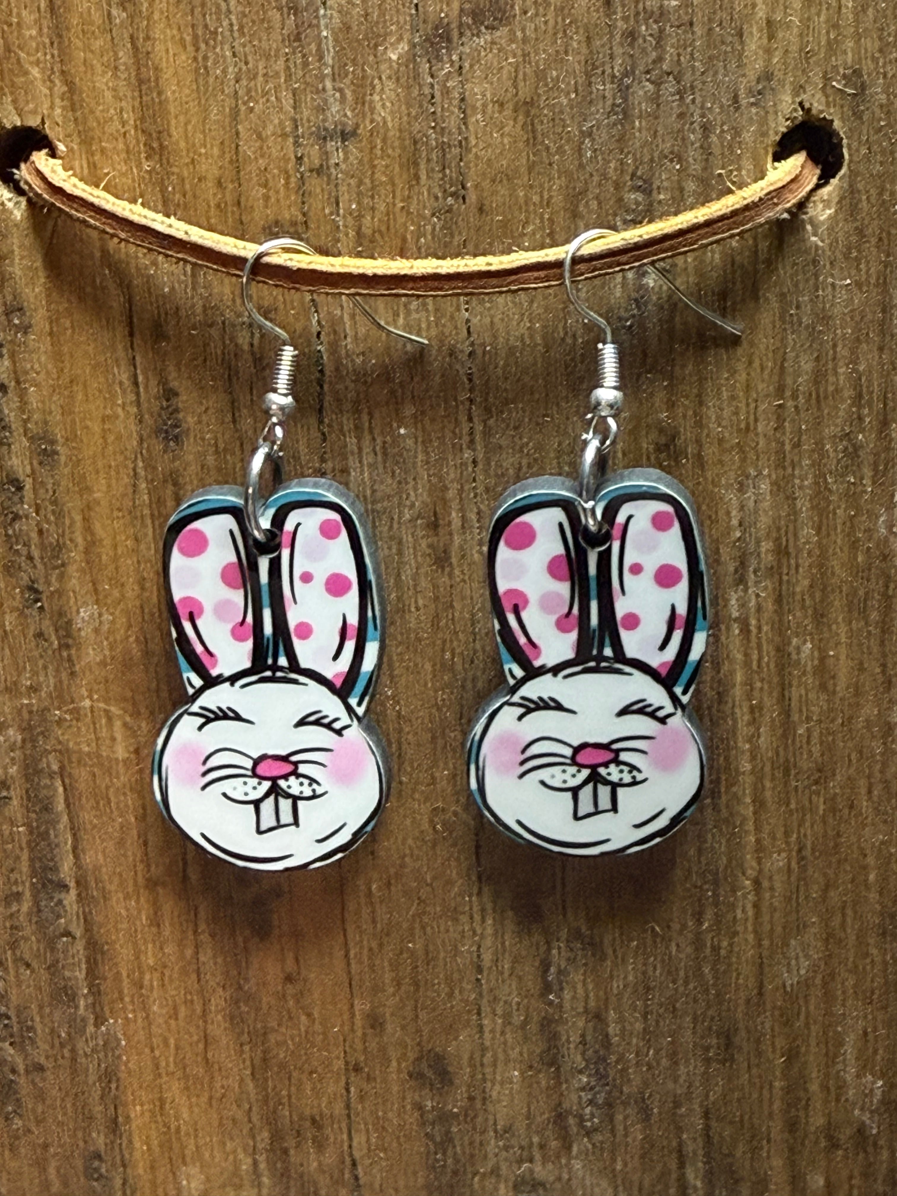 Polka Dot Bunny Head Wood Earrings — Nickel Free Hypoallergenic Metal