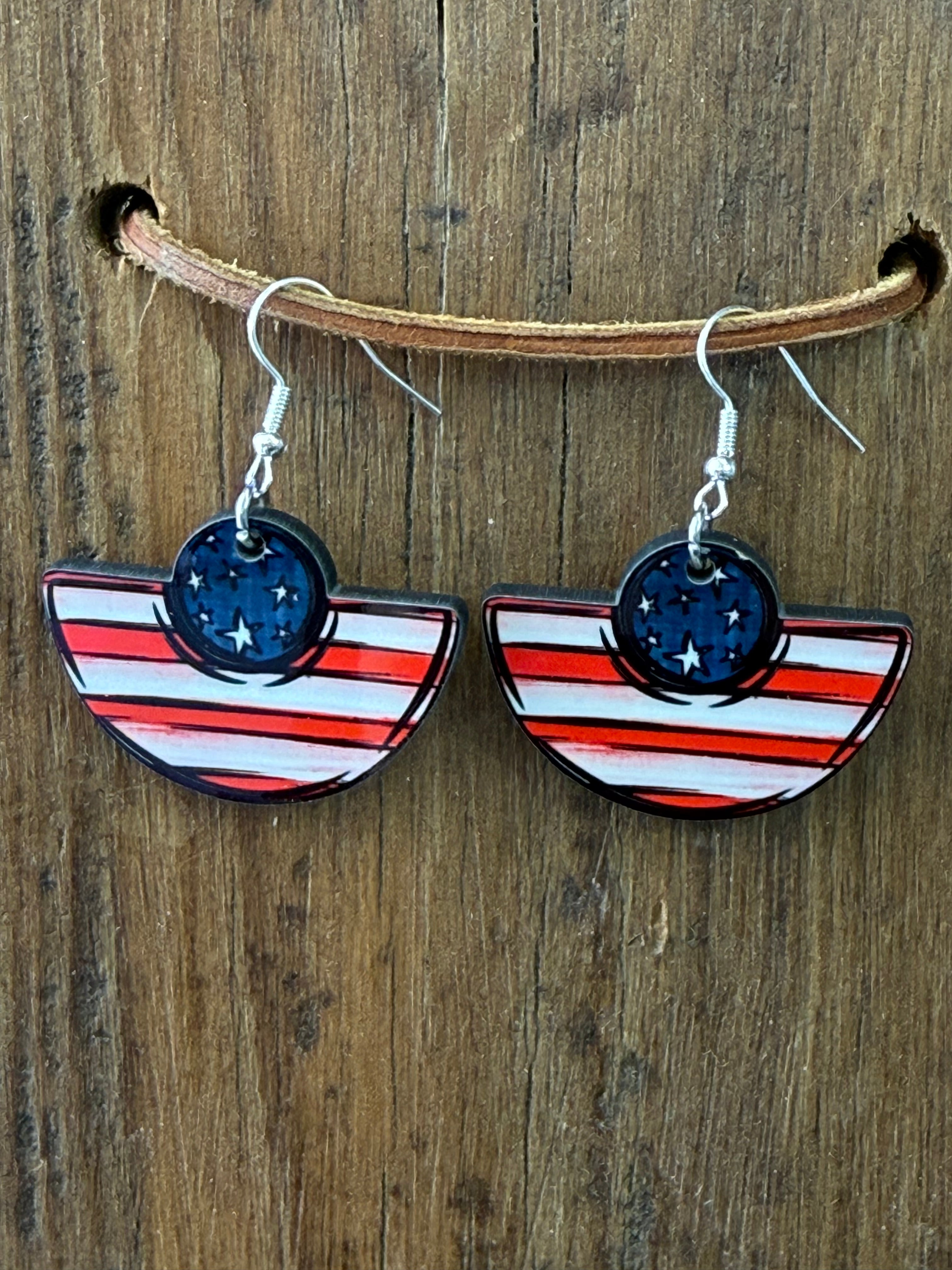 Patriotic Stars & Stripes Wood Earrings – Red, White & Blue Dangle Earrings