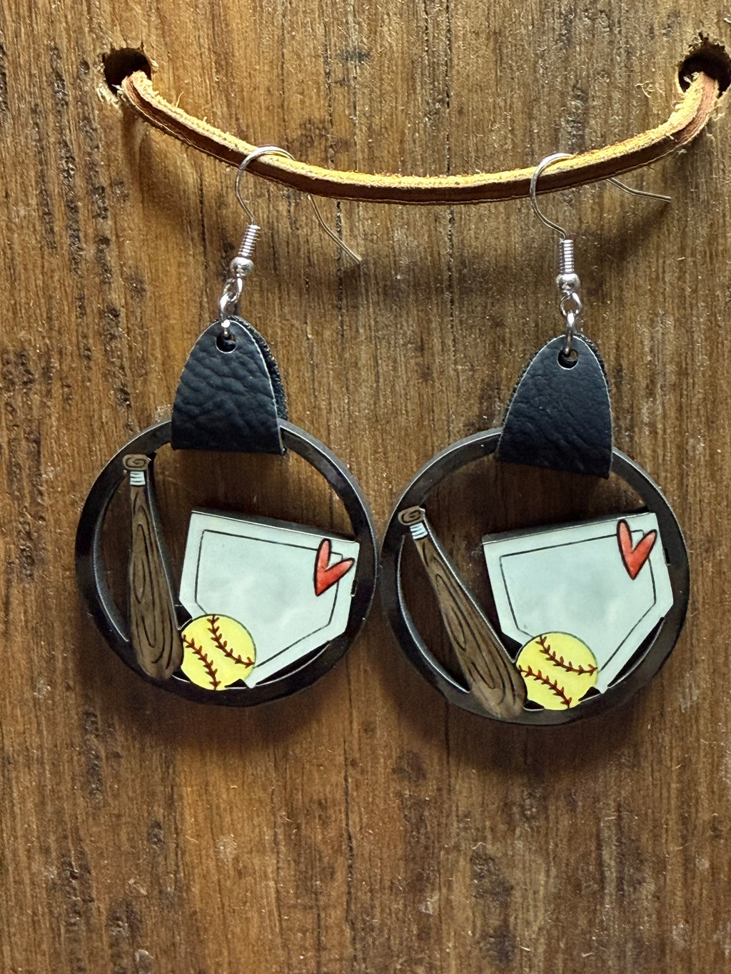 Softball Bat & Diamond Wood Earrings – Faux Leather Strap – Nickel Free Hooks – Lightweight Game Day Jewelry