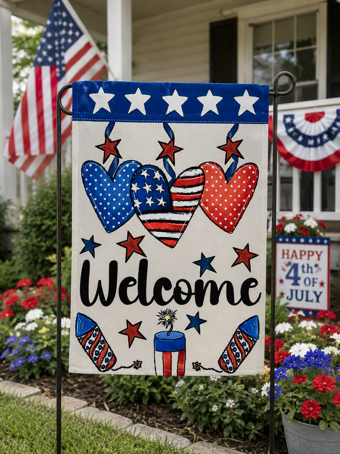 Patriotic Hearts Welcome Garden Flag – 4th of July Outdoor Decor