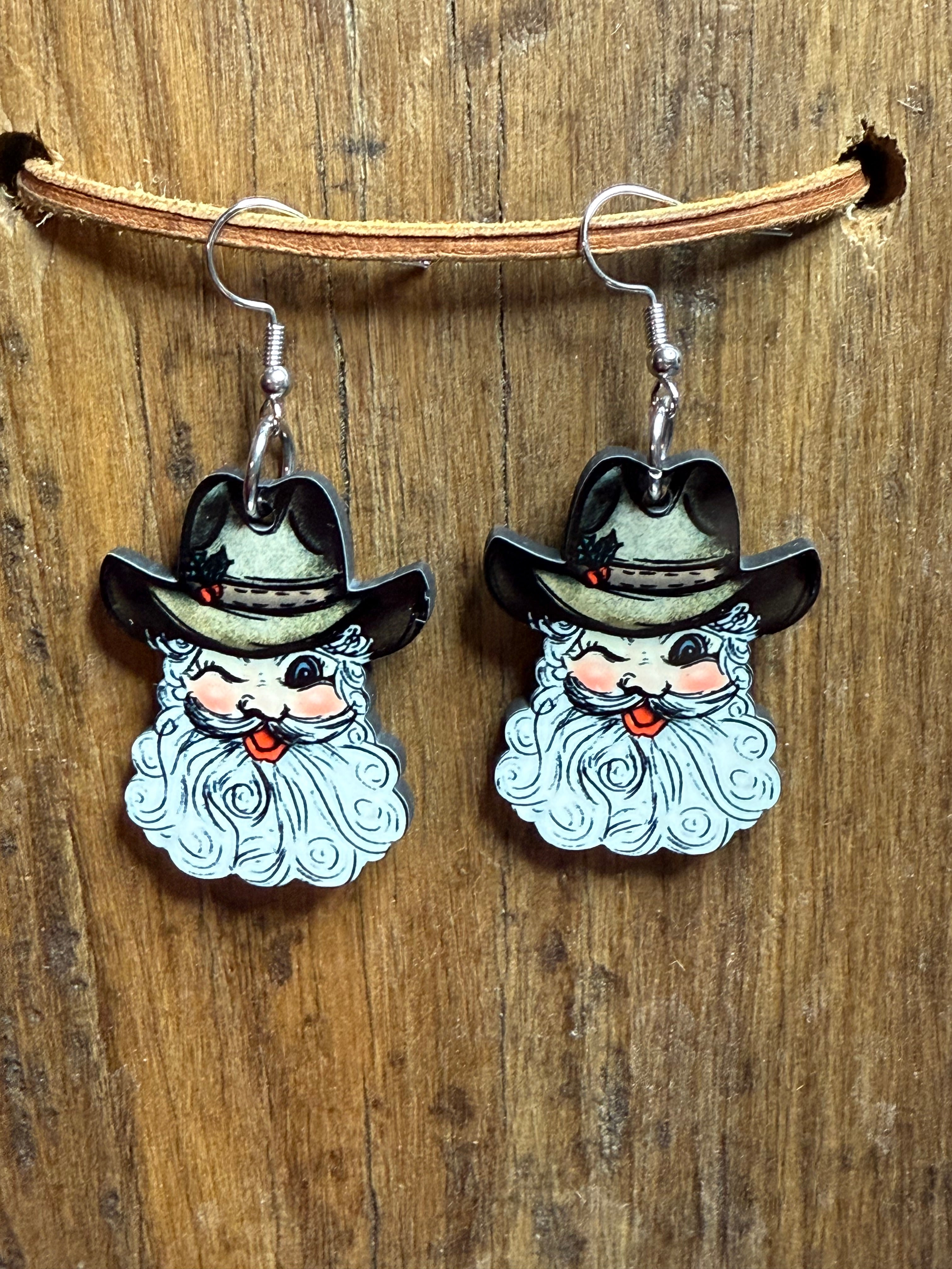 Cowboy Santa Wood Earrings – Western Christmas Earrings – Nickel-Free – Lightweight Holiday Jewelry