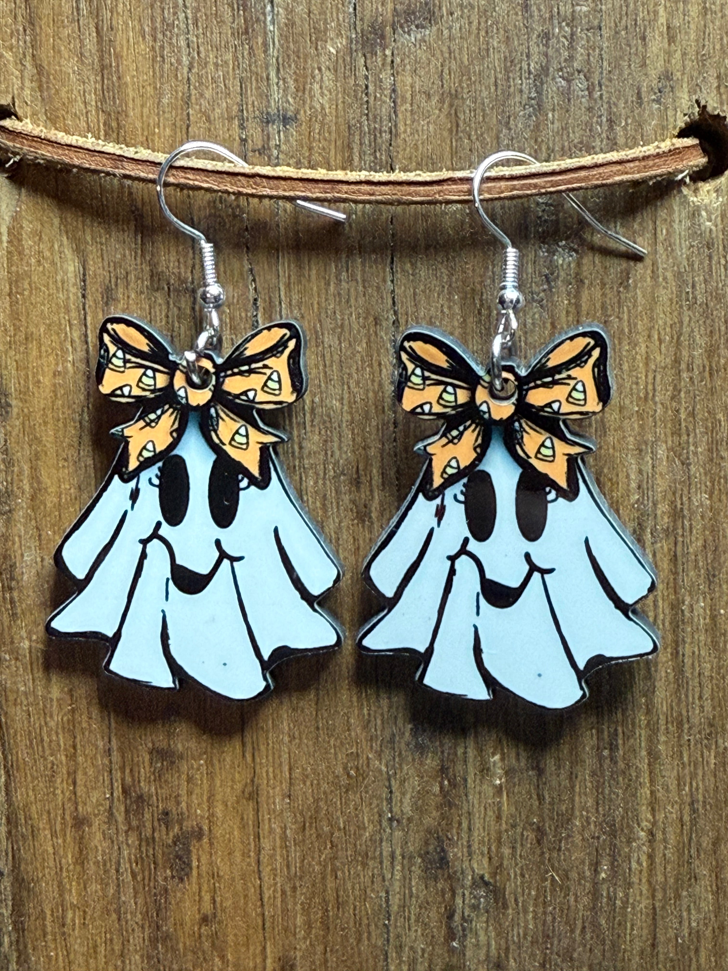 Ghost with Candy Corn Bow Wood Earrings