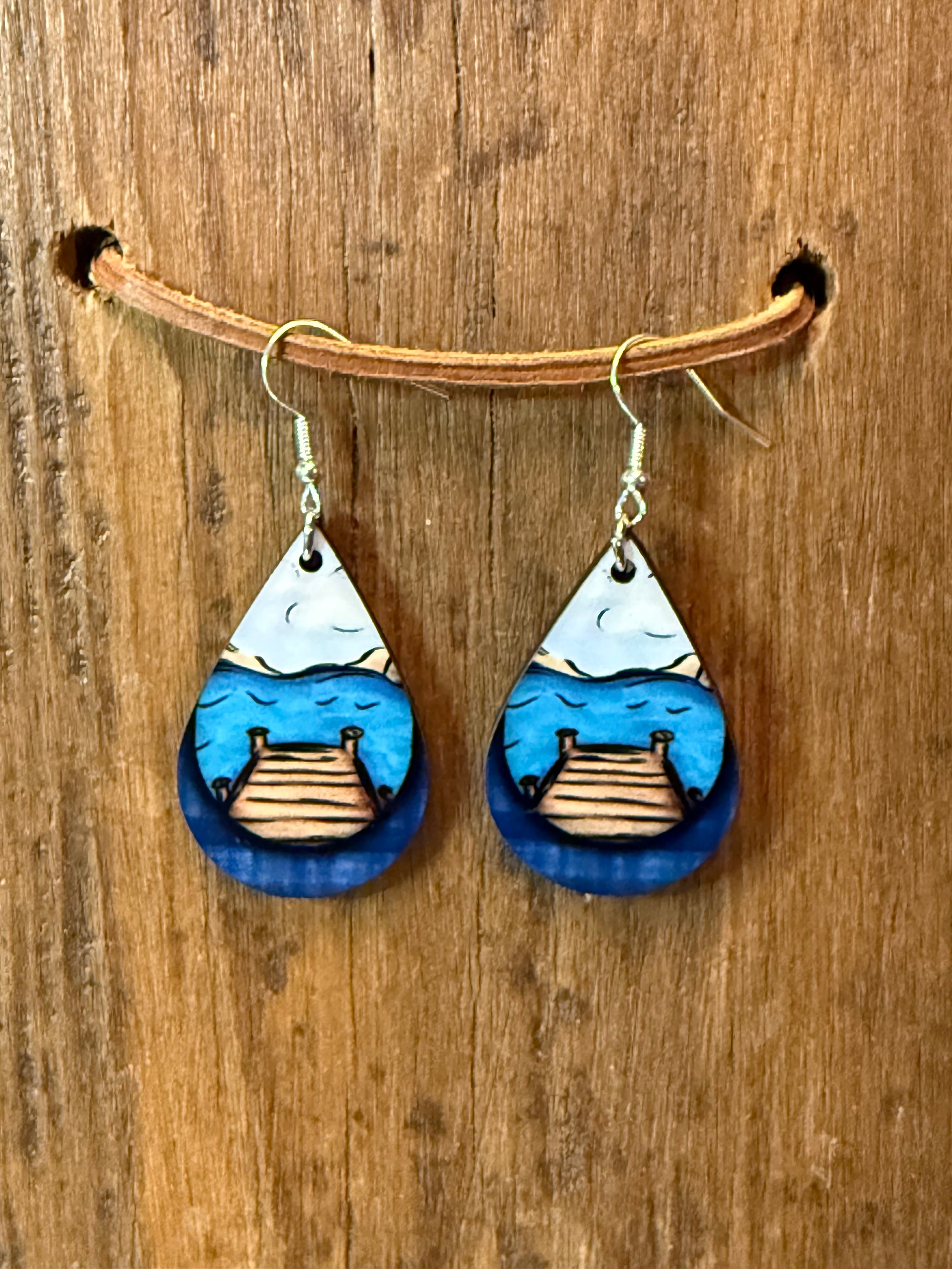 Lake Dock Wood Earrings | Scenic Water Teardrop Earrings | Nickel Free Hooks