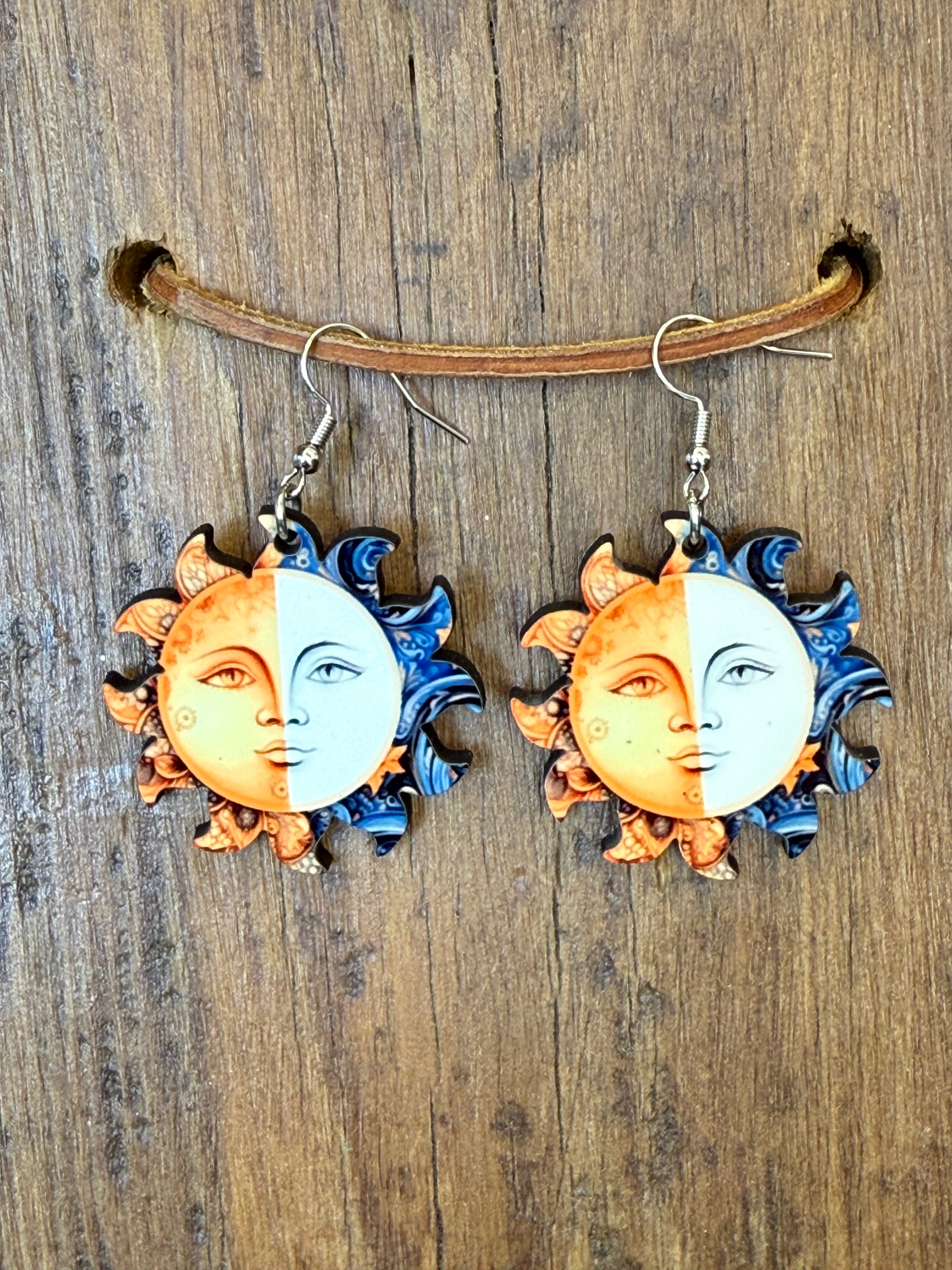 Celestial Sun & Moon Wood Earrings – 2” Lightweight Dangles with Nickel-Free Hooks