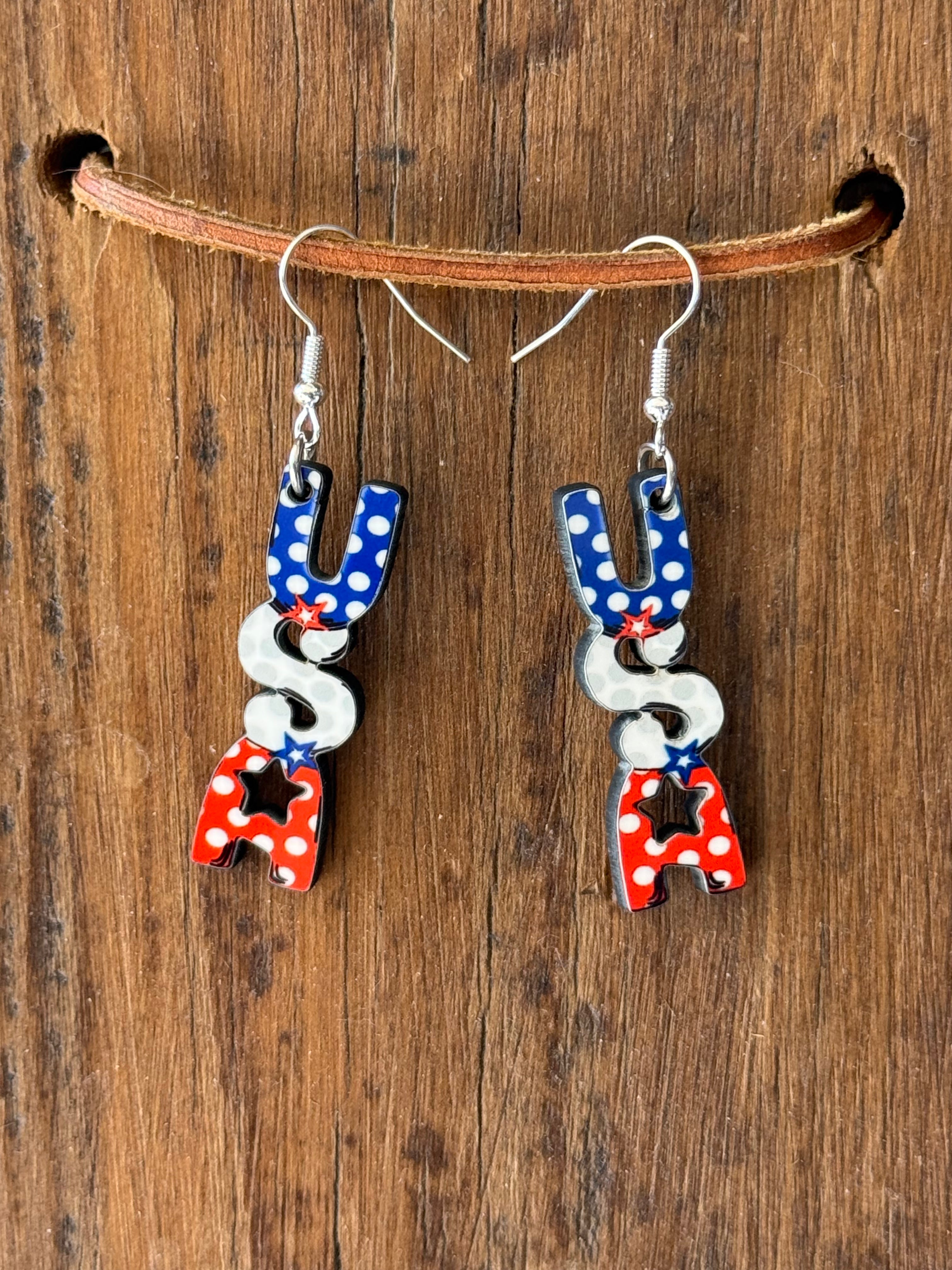 USA Patriotic Wood Dangle Earrings | Red White & Blue Statement Earrings | Fourth of July Earrings | Lightweight Wooden Earrings