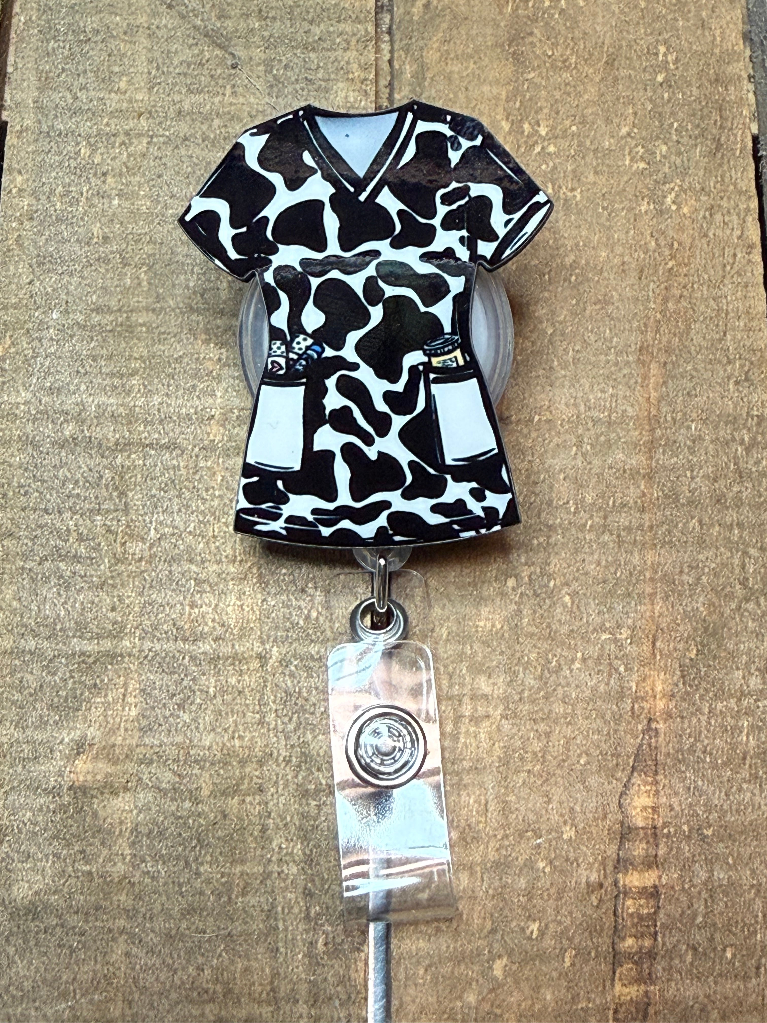 Cow Print Wood Badge Reel | Cute Retractable Work Badge Holder