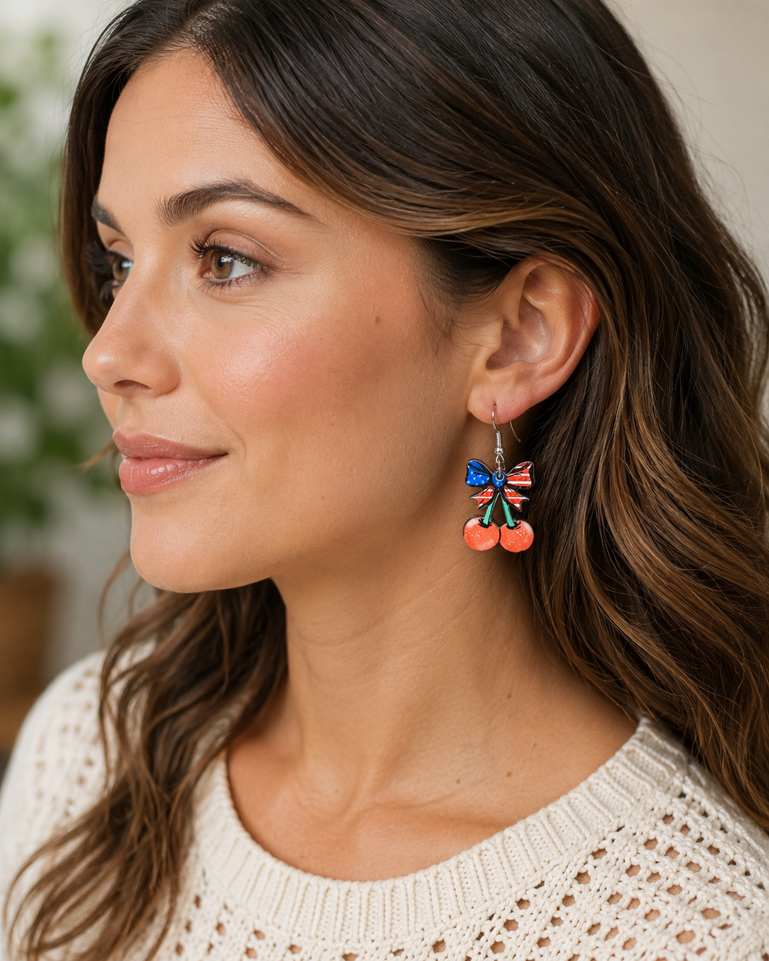 Patriotic Cherry Bow Earrings | Red, White & Blue Cherry Dangle Earrings