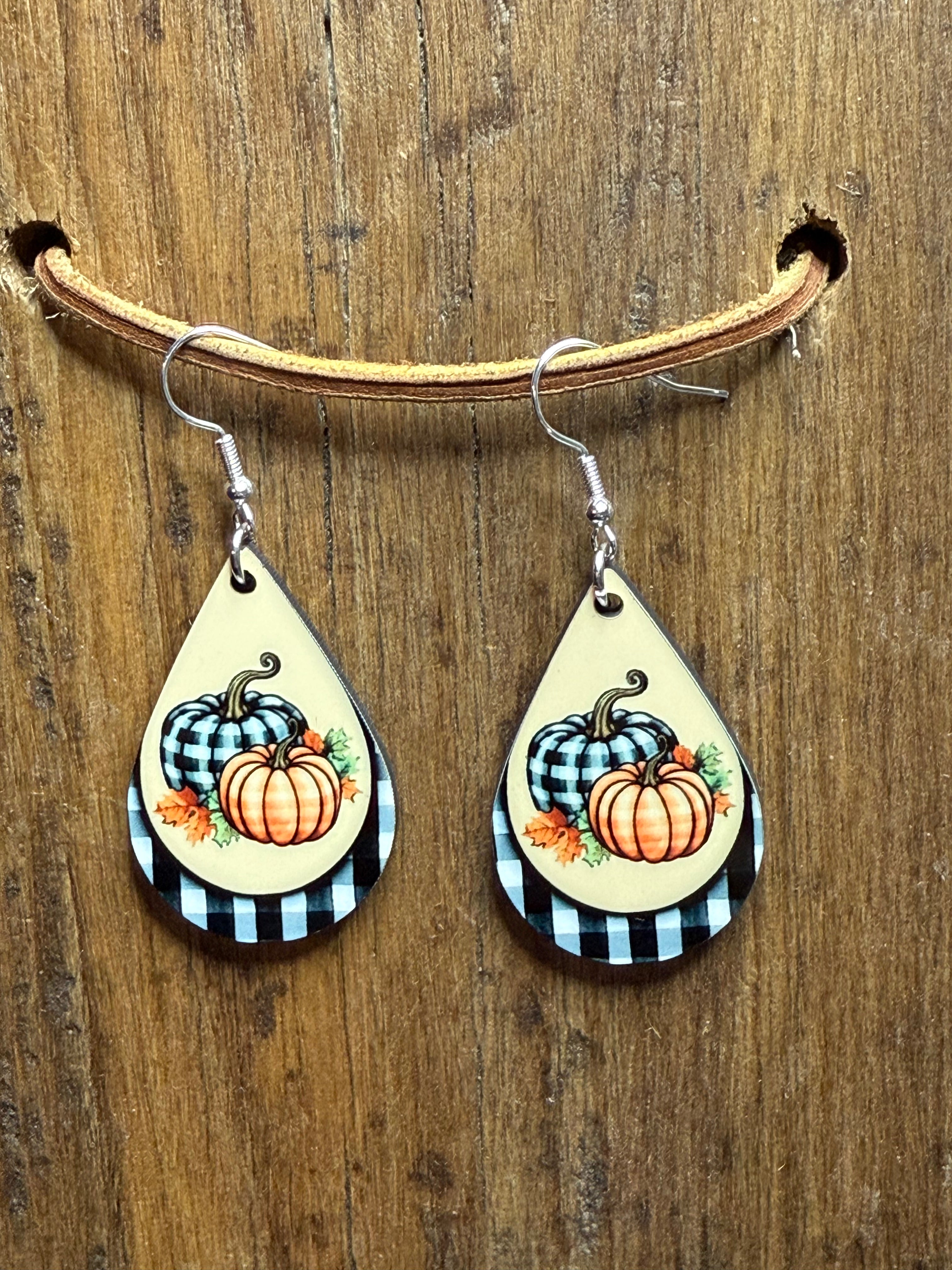 Fall Buffalo Plaid Pumpkin Wood Earrings