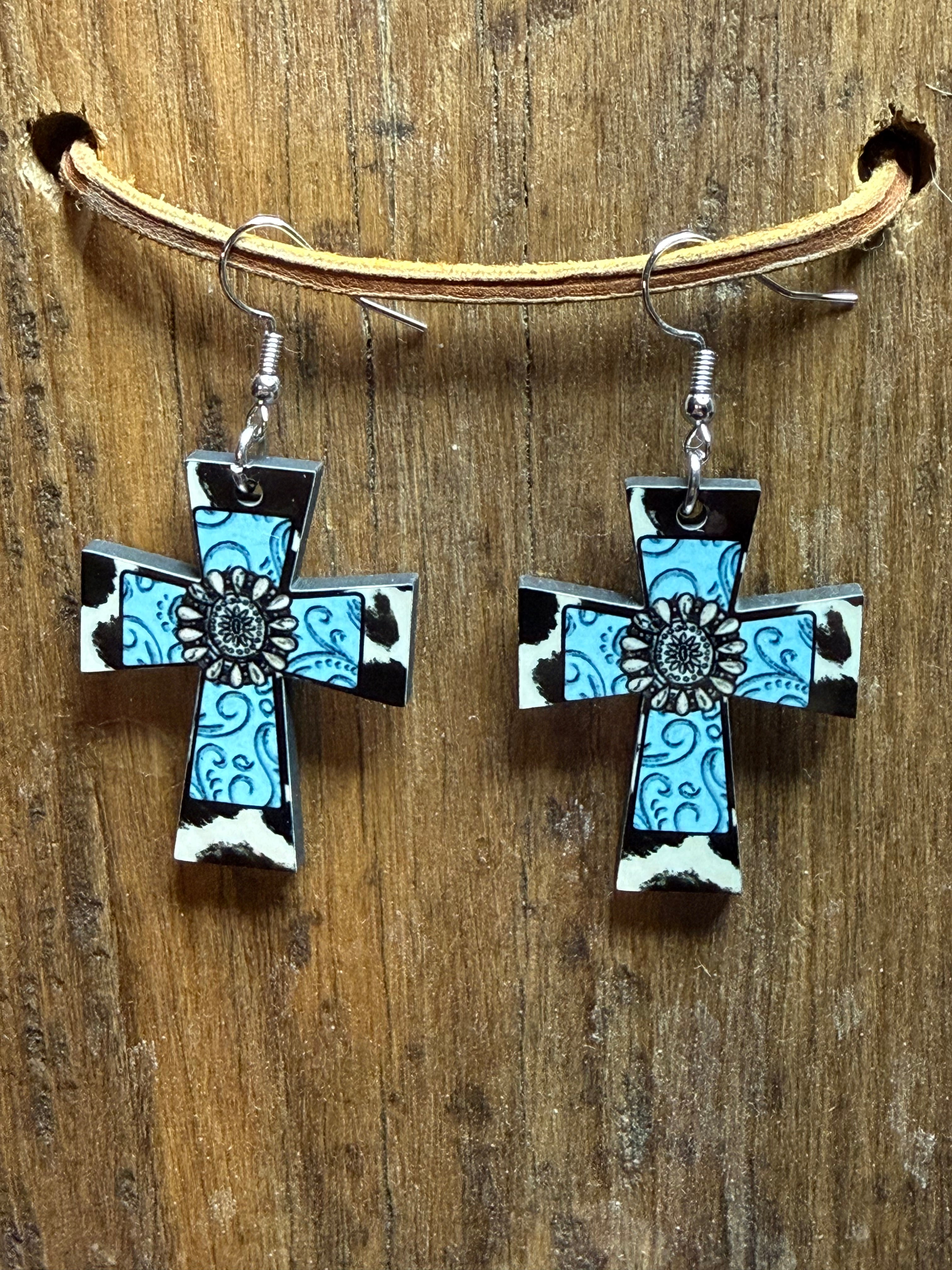 Western Cow Print Cross Wood Earrings with Nickel Free Hooks