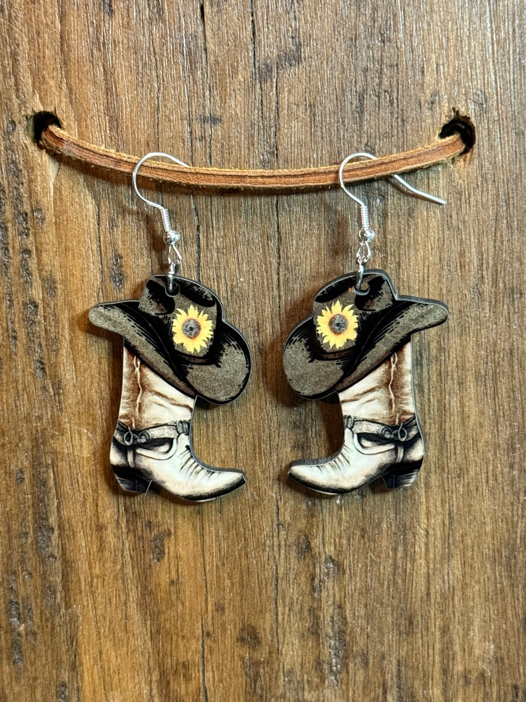 Cowboy Boot & Hat Earrings with Sunflower – Handmade Western Dangle Earrings