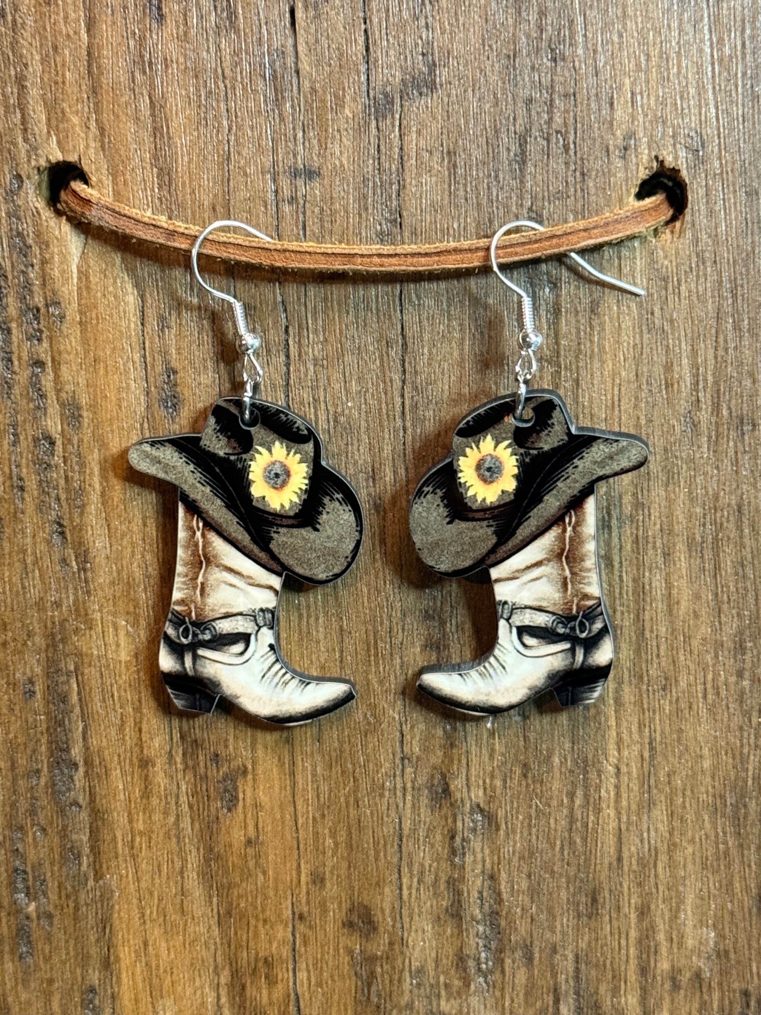 Cowboy Boot & Hat Earrings with Sunflower – Handmade Western Dangle Earrings