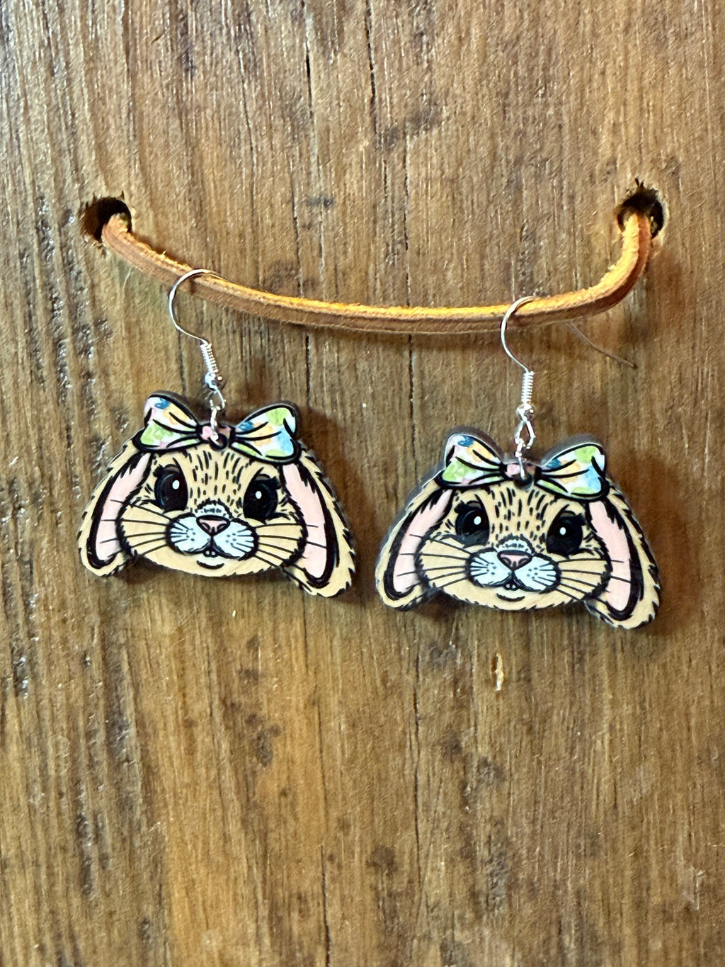 Bunny Face Wood Earrings with Bow – Cute Easter Rabbit Dangle Earrings – Nickel Free Hooks