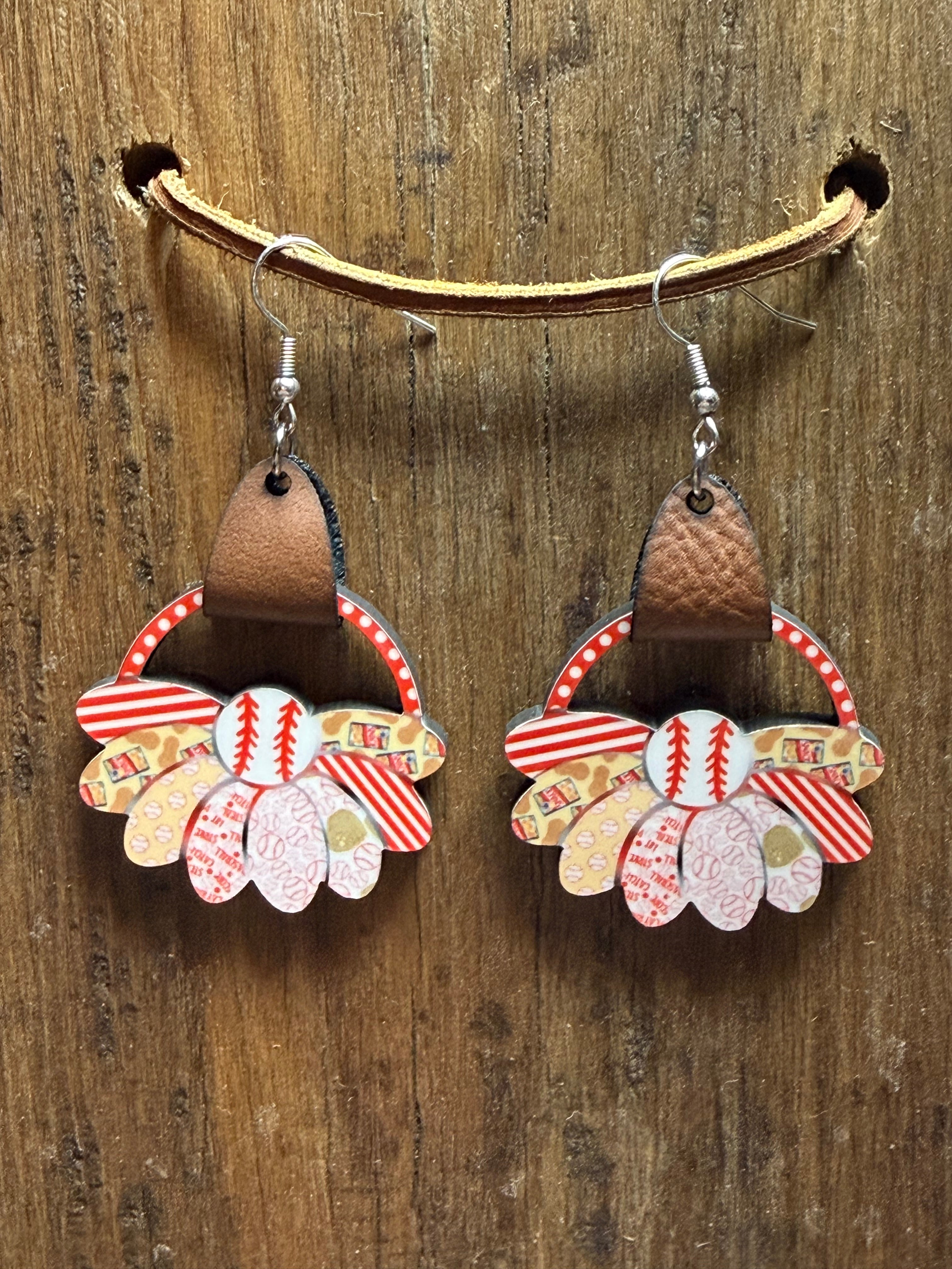 Take Me Out to the Ball Game Baseball Wood Earrings with Faux Leather Straps – Nickel Free Hooks