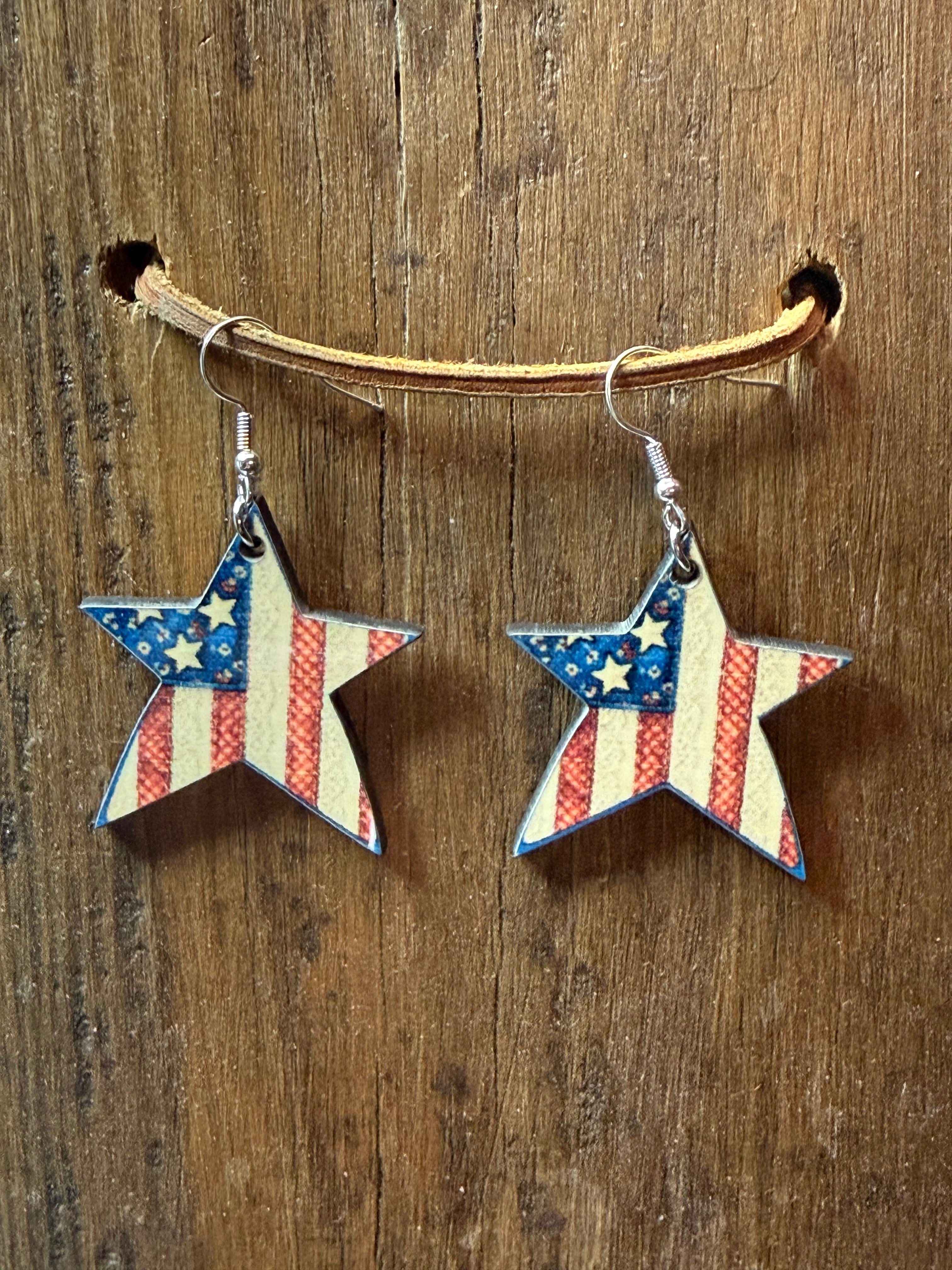 Patriotic Star Wood Earrings