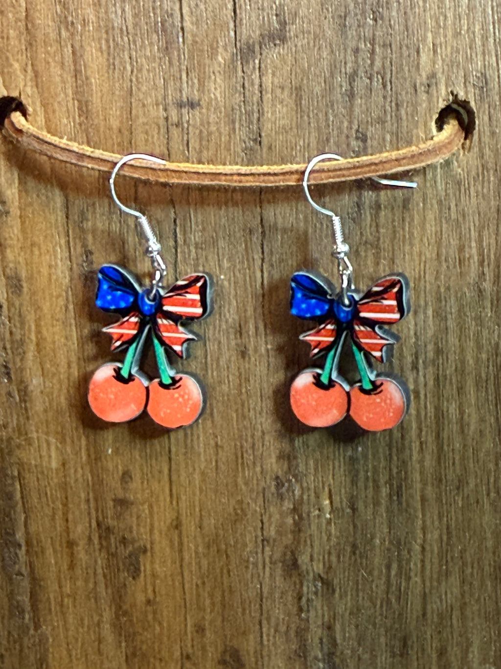 Patriotic Cherry Bow Earrings | Red, White & Blue Cherry Dangle Earrings
