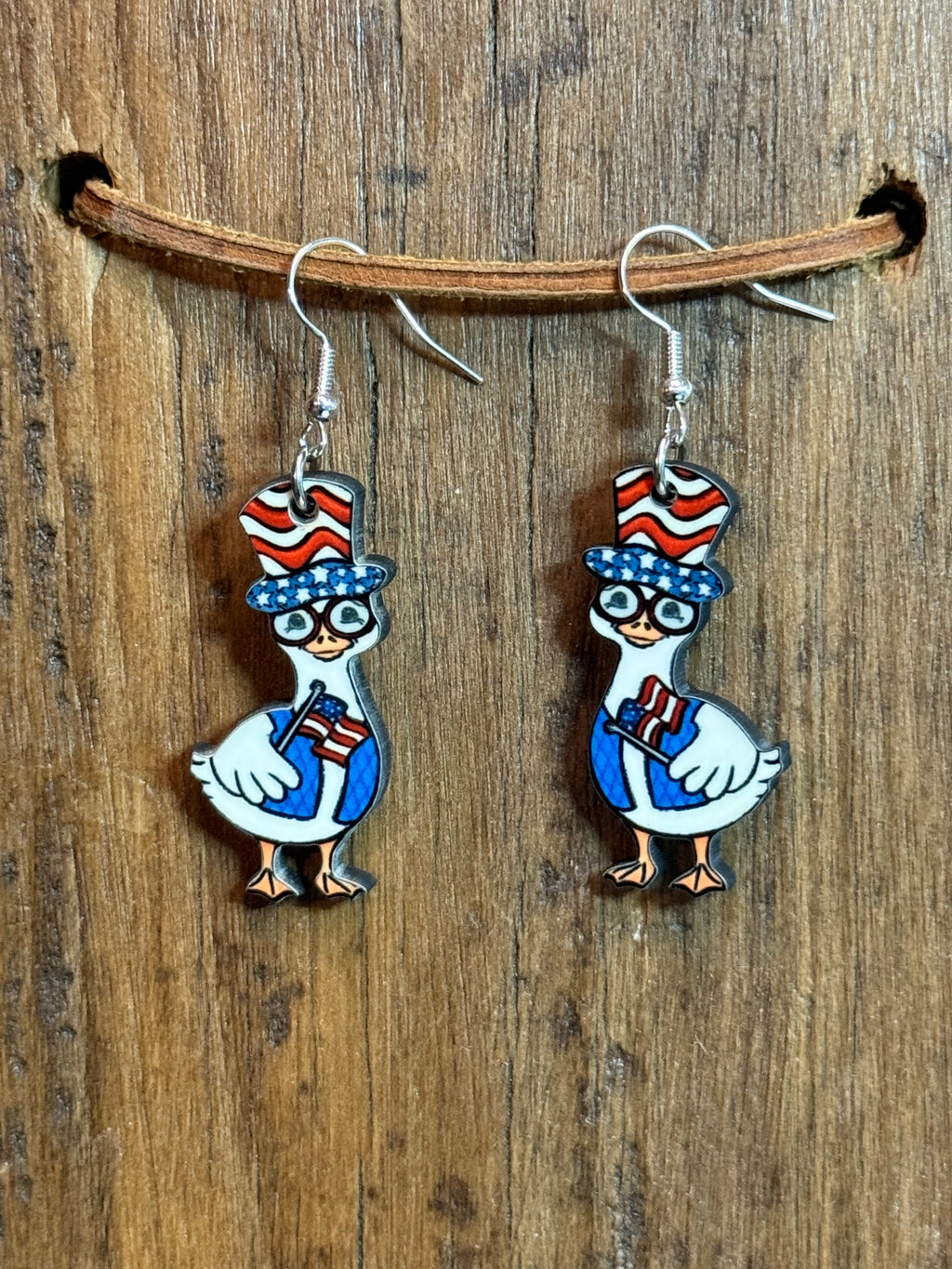Patriotic Goose Wood Earrings – 4th of July Dangle Earrings