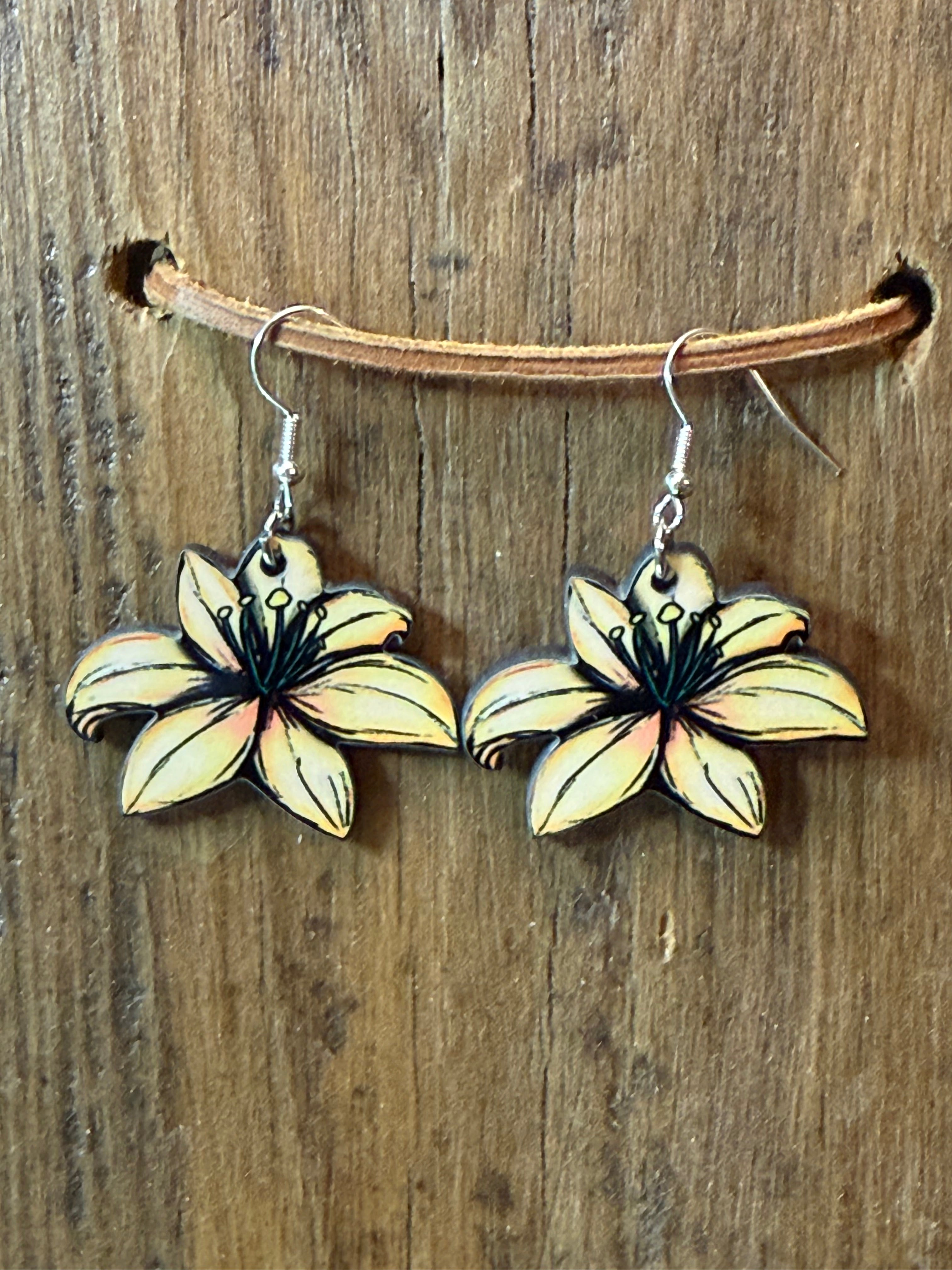 Yellow Lily Wood Earrings | Floral Dangle Earrings | Lightweight Spring Earrings