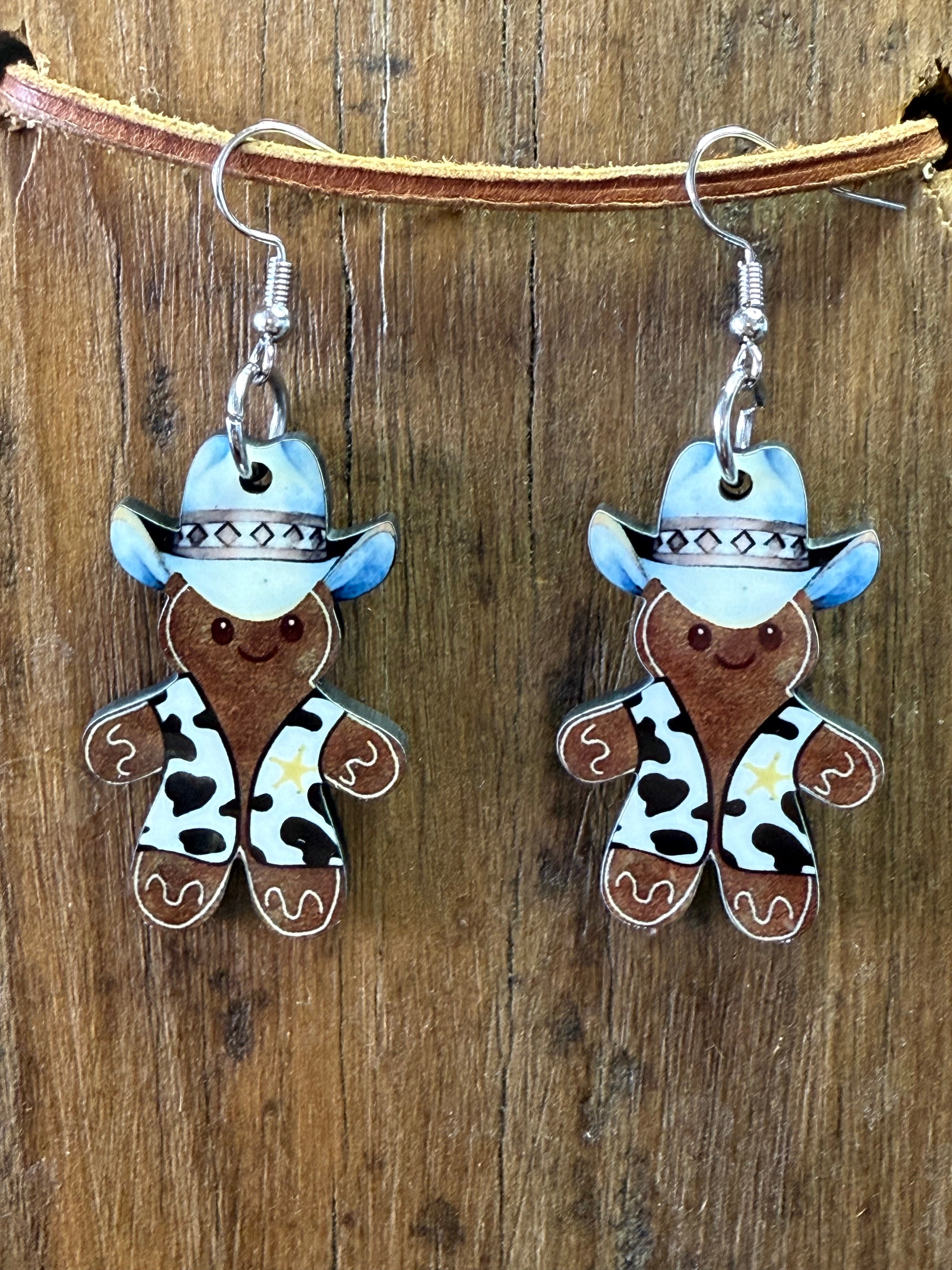 Gingerbread Cowboy Wood Earrings – Western Christmas Earrings – Nickel-Free – Lightweight Holiday Jewelry