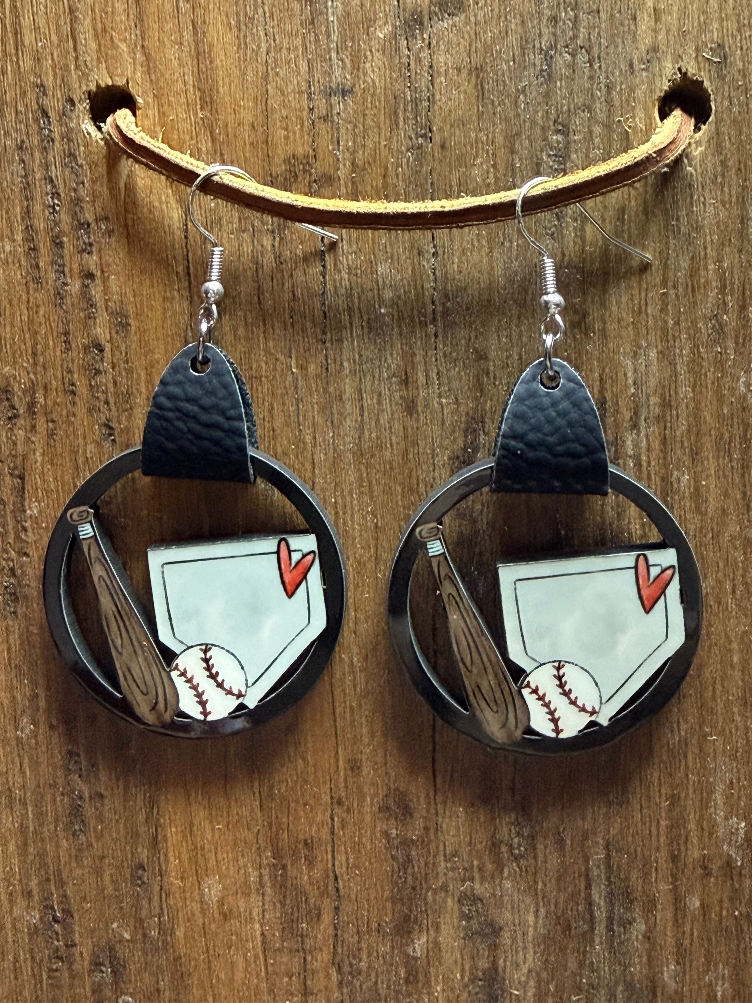 Baseball Bat and Diamond Wood Earrings with Faux Leather Straps