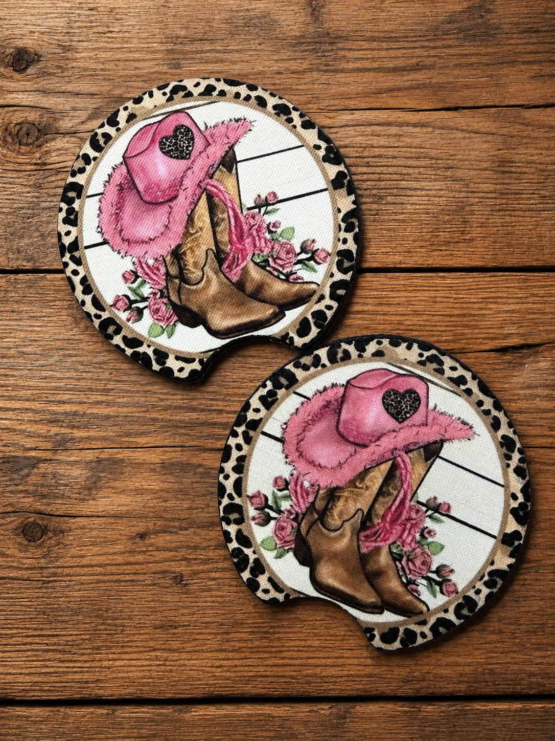 Pink Cowgirl Boots Car Coasters – Western Floral Leopard Print Neoprene Car Coasters