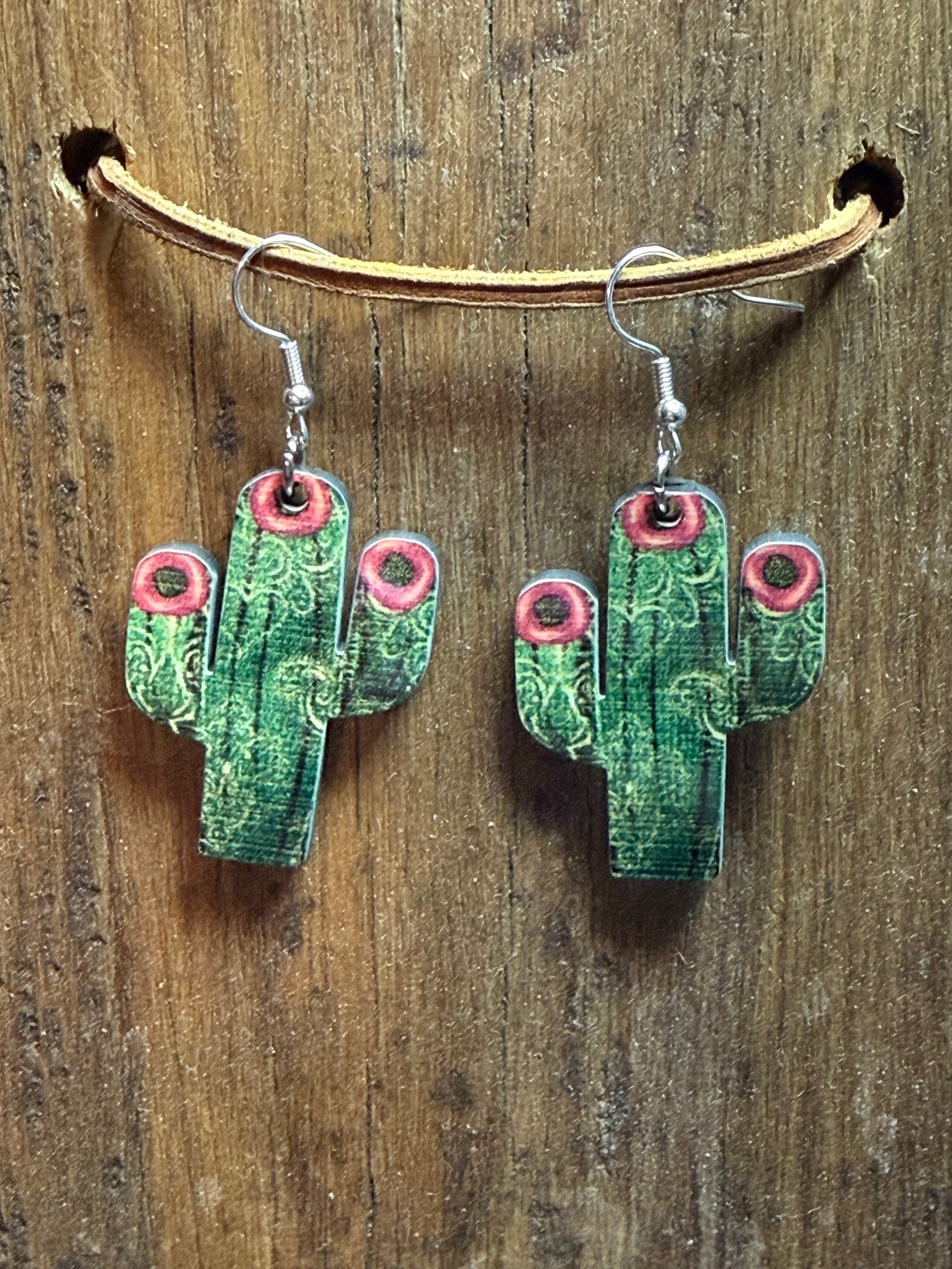 Western Cactus Wood Earrings – Lightweight Dangle Earrings with Nickel Free Hooks