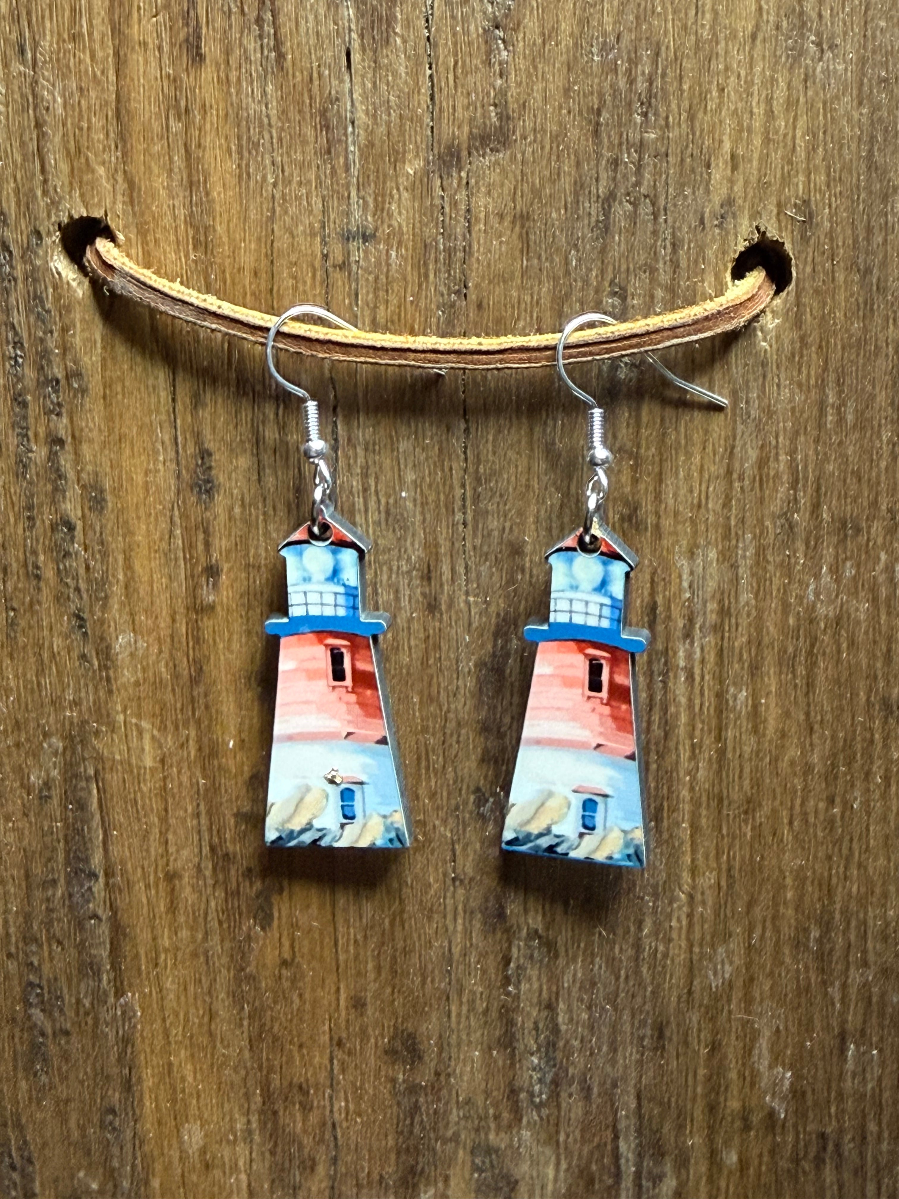 Coastal Lighthouse Wood Earrings – Lightweight, Nickel Free Hooks