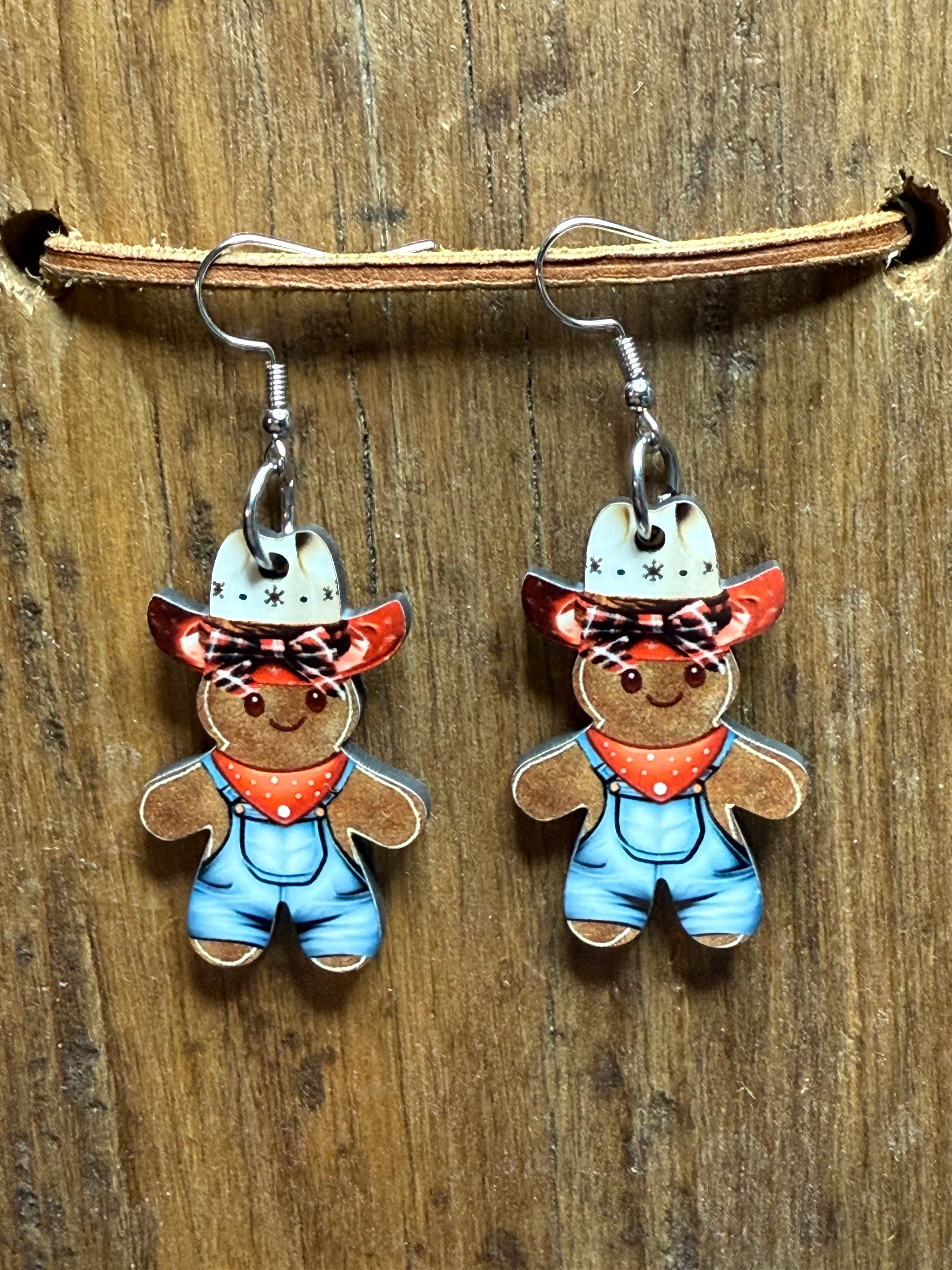 Gingerbread Cowboy Bandana Wood Earrings | Nickel-Free | Christmas Western Earrings