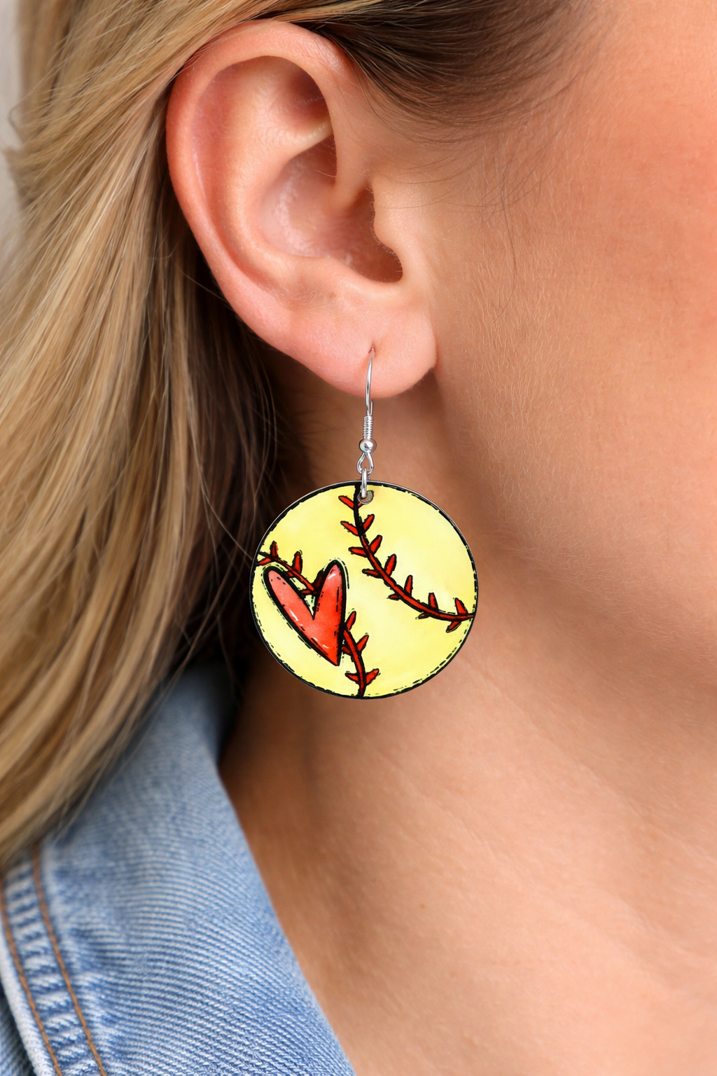 ⚾ Softball with Heart Wood Earrings – Nickel Free Metal Hooks