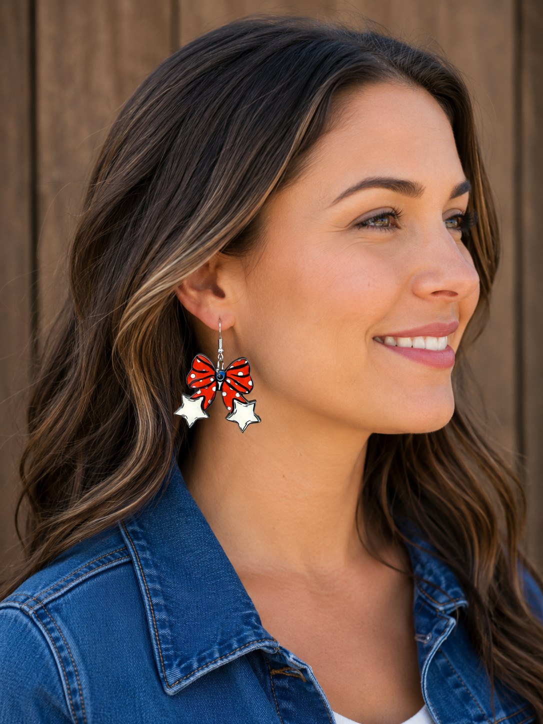 Patriotic Bow & Stars Wood Earrings