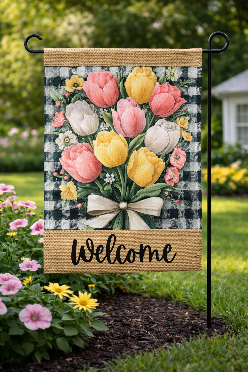 Spring Tulip Welcome Garden Flag – Buffalo Plaid Floral Yard Flag – Rustic Farmhouse Outdoor Decor