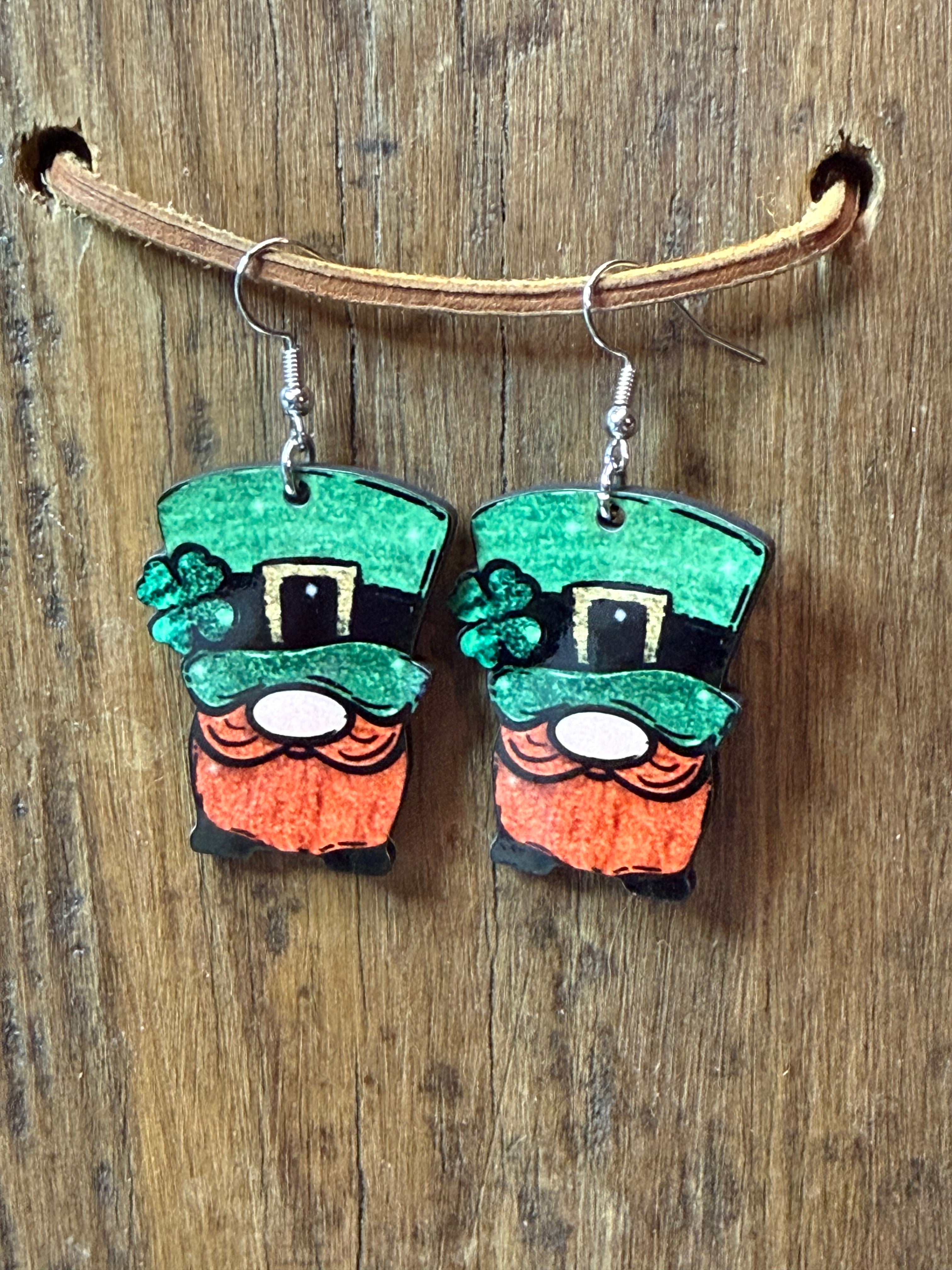 Leprechaun Gnome Wood Earrings – Nickel Free Metal – St. Patrick’s Day Lightweight Jewelry