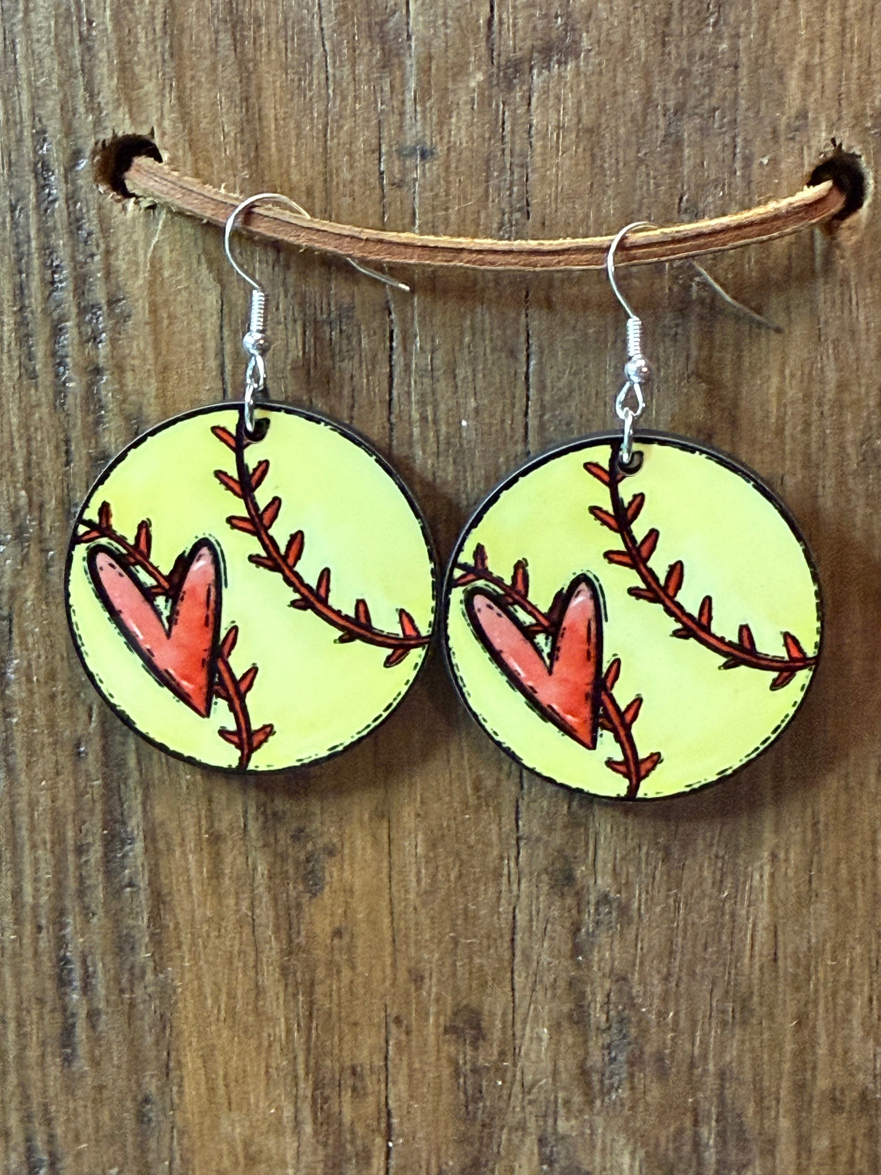 ⚾ Softball with Heart Wood Earrings – Nickel Free Metal Hooks