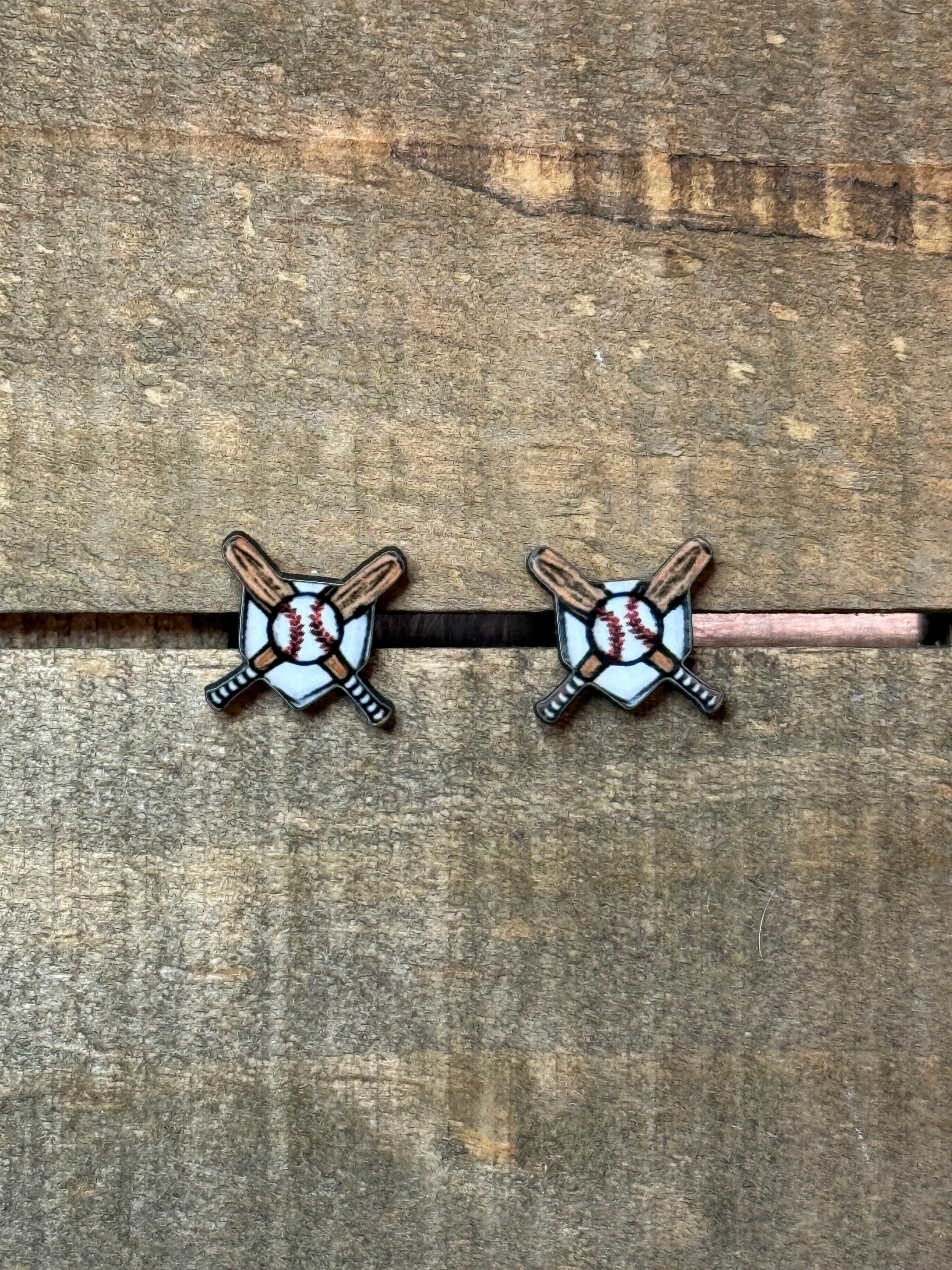 Baseball Diamond Wood Stud Earrings – Lightweight Sports Earrings – Nickel Free Posts