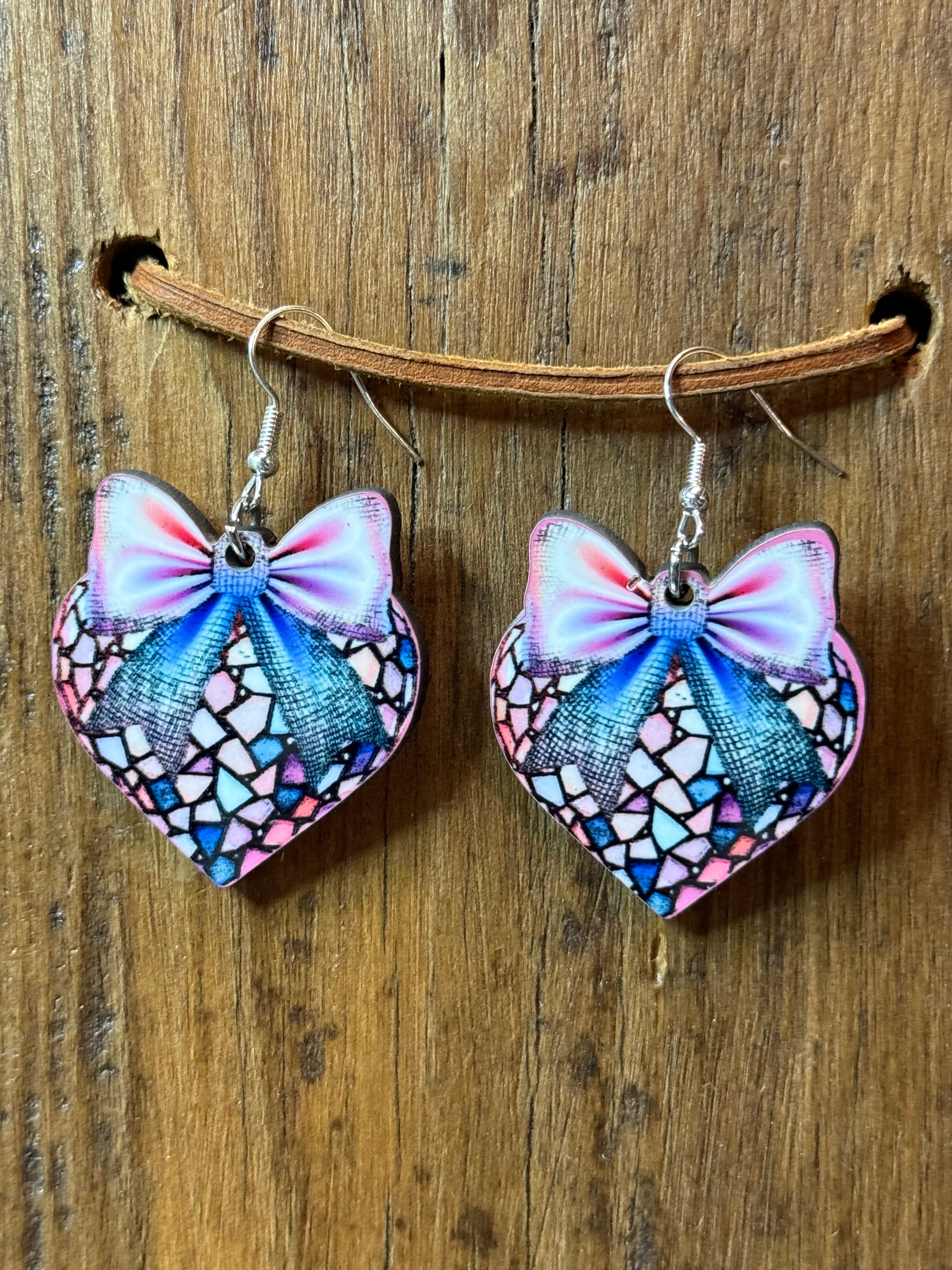 Shattered Glass Heart Bow Wood Earrings | Nickel Free Statement Earrings