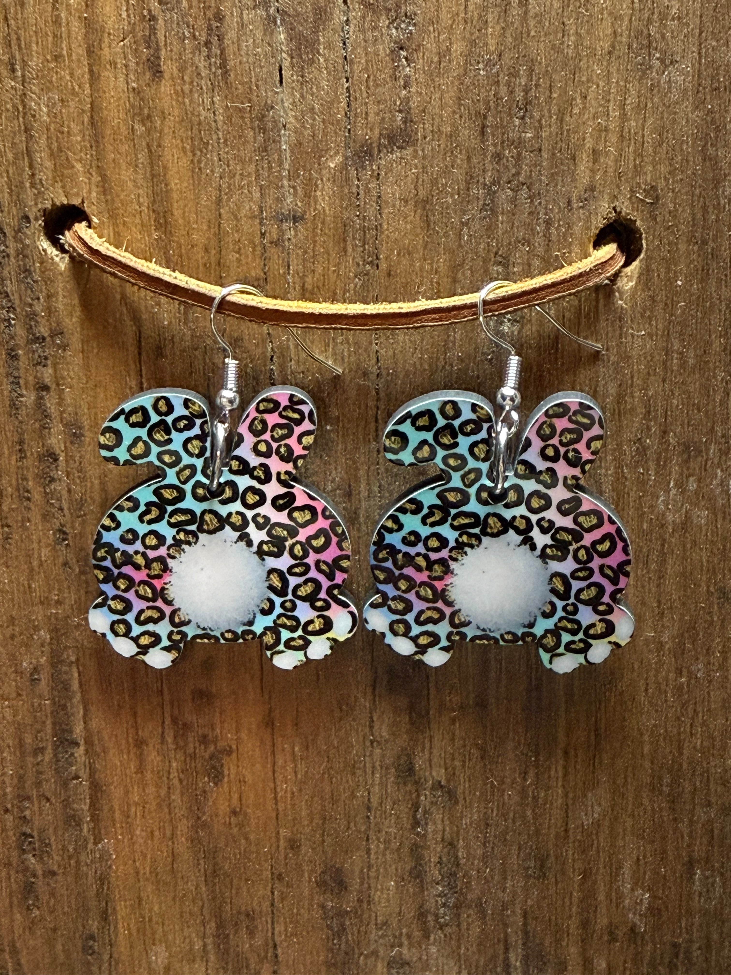 Cheetah Print Bunny Butt Wood Earrings – Nickel Free Hooks – Easter Dangle Earrings