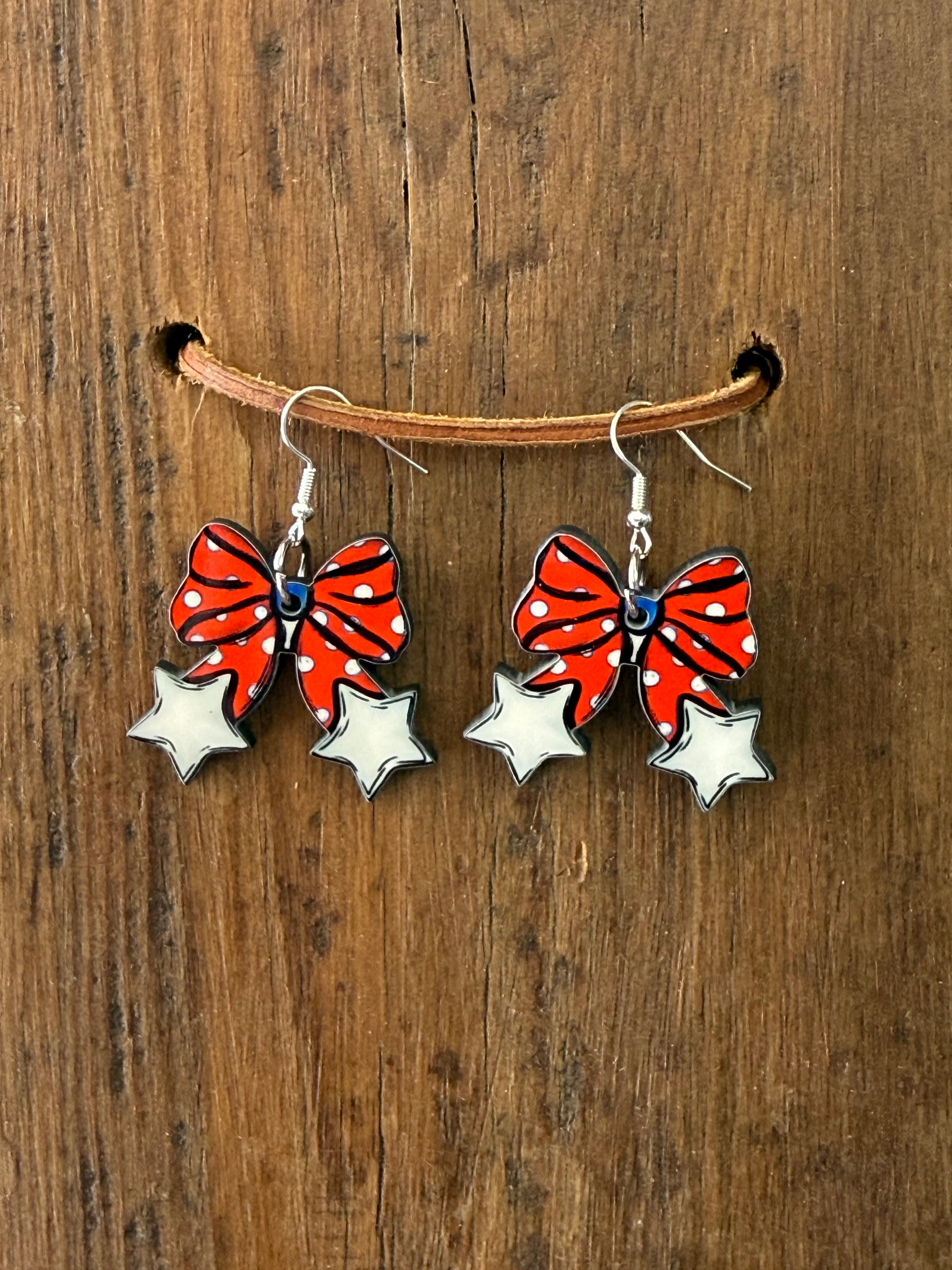 Patriotic Bow & Stars Wood Earrings