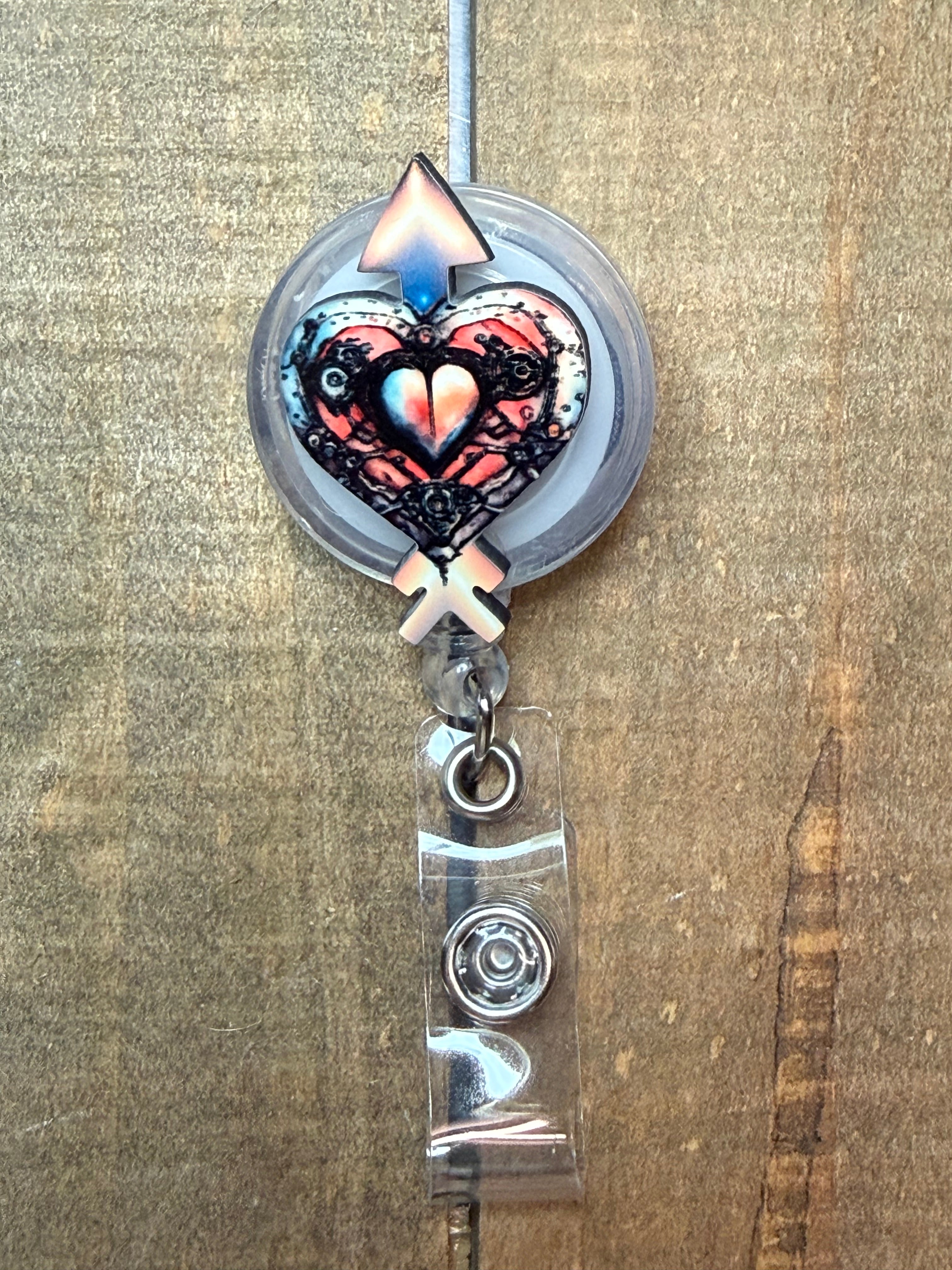 Steampunk Arrow Heart Wood Badge Reel – Retro Gear Heart ID Holder – Handmade Lightweight Accessory