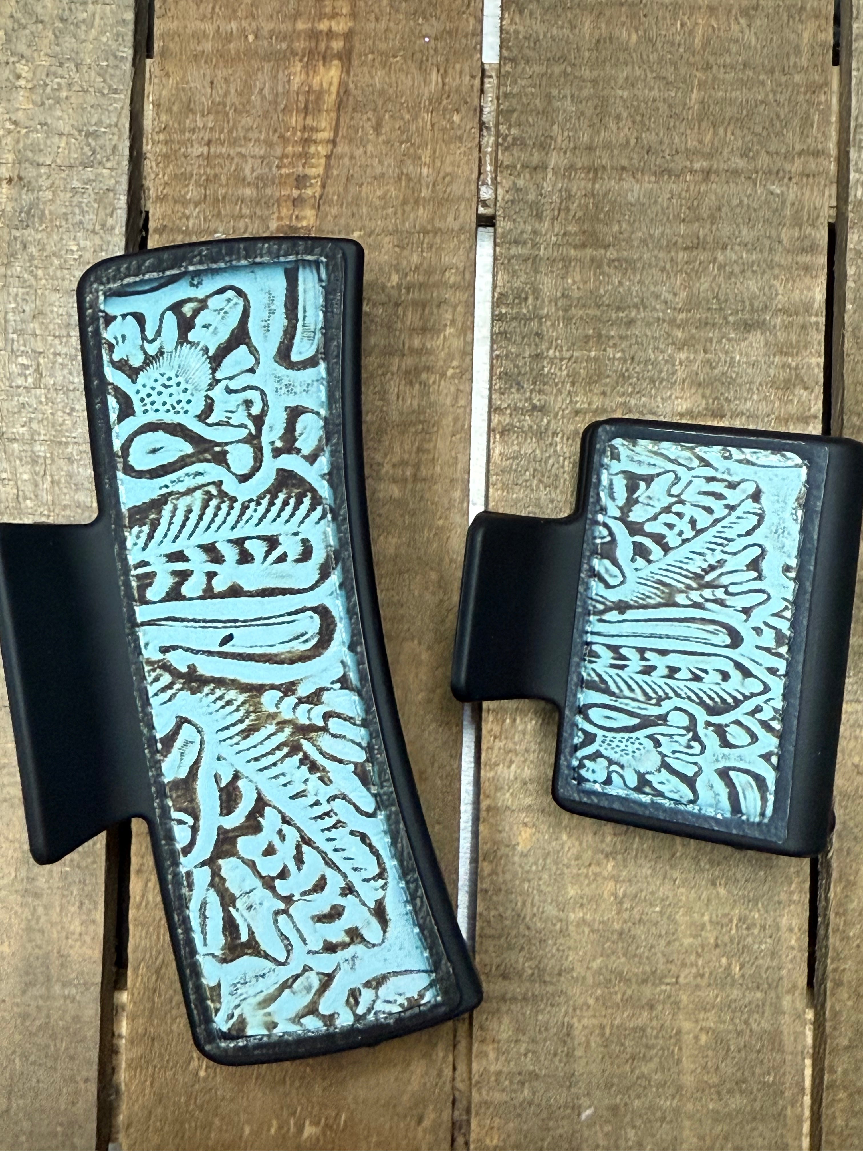 Teal Tooled Faux Leather Hair Claw Clip