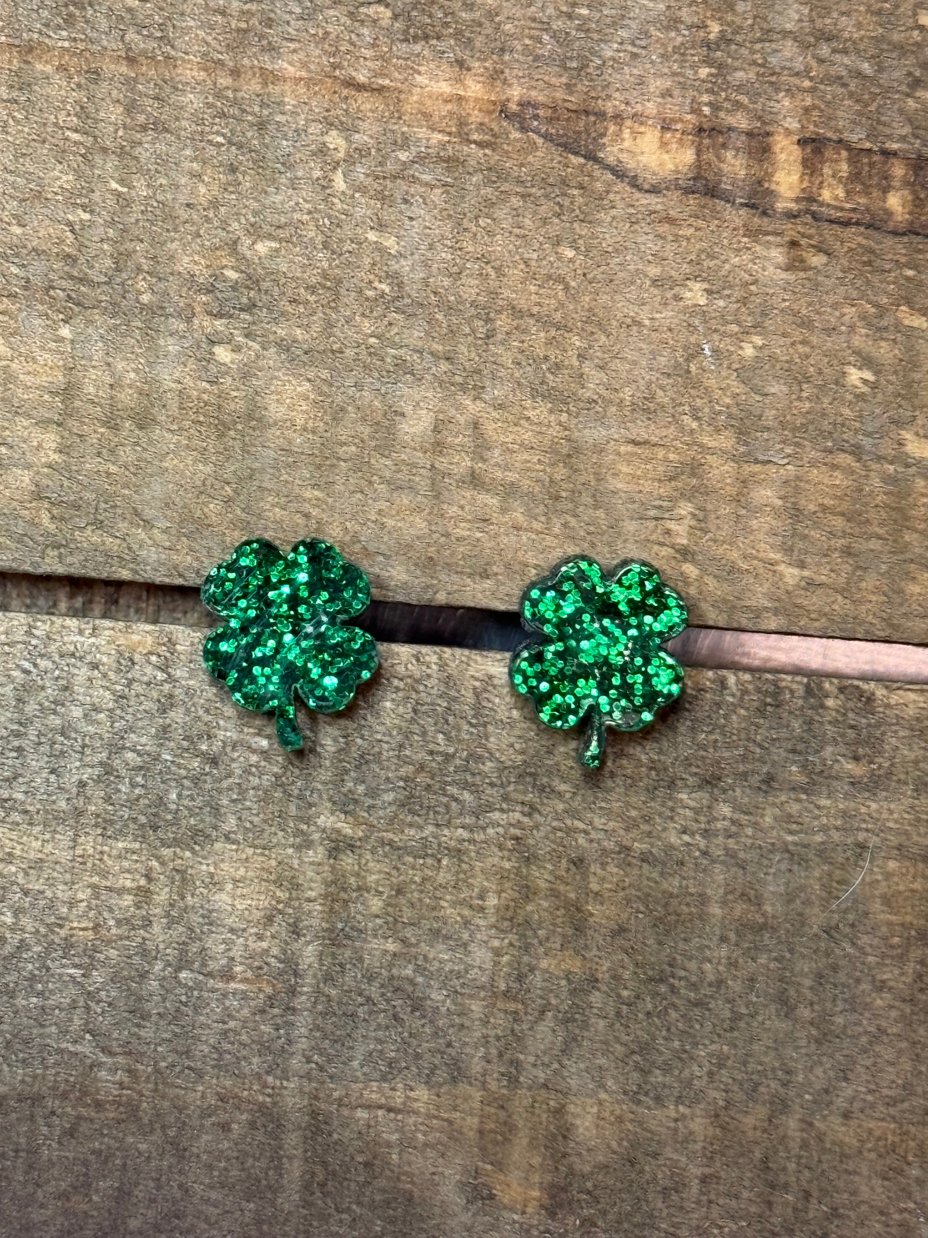 Shamrock Acrylic Stud Earrings – Green Glitter St. Patrick’s Day Earrings – 1/2” Studs