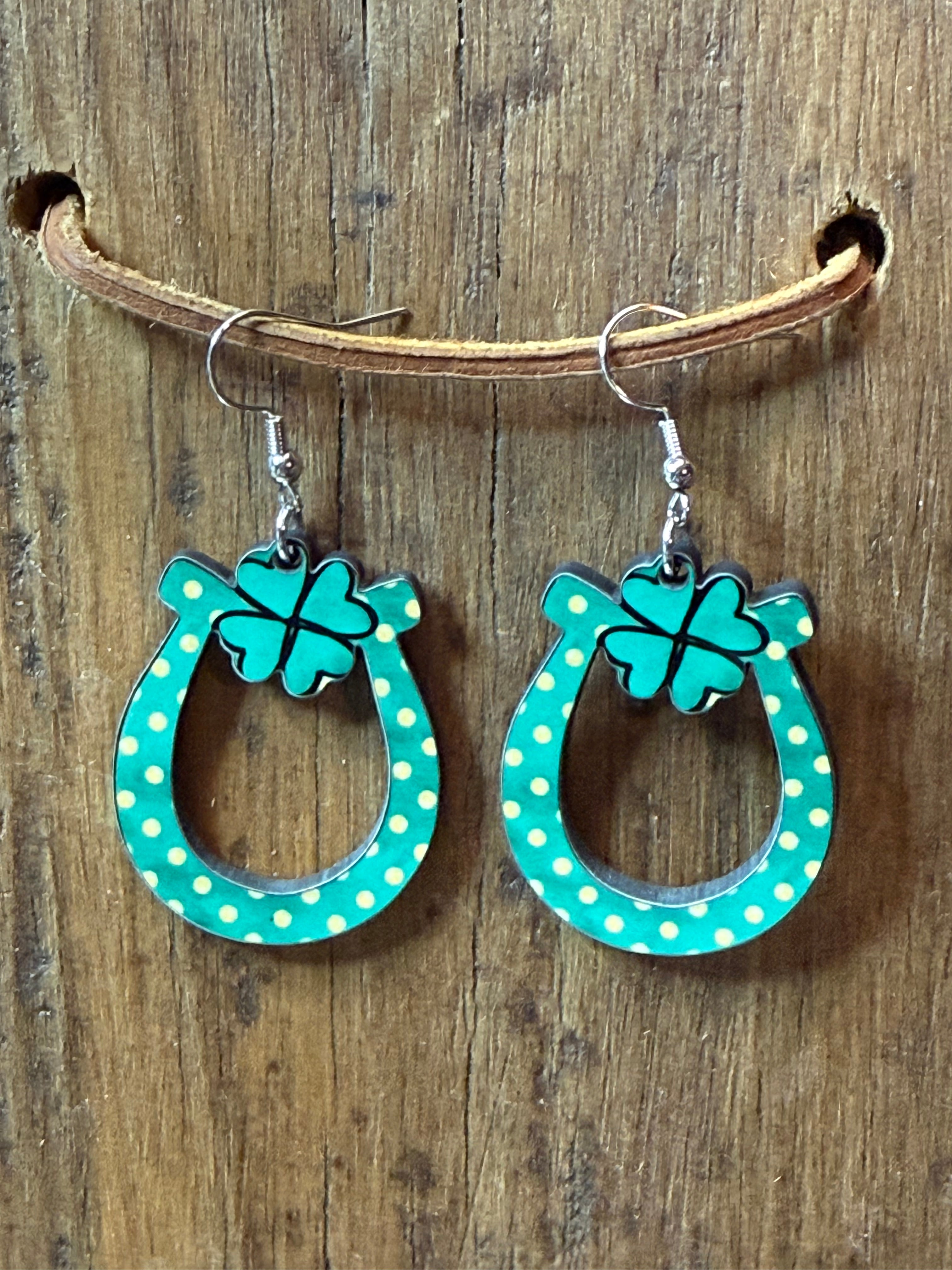 Polka Dot Shamrock Horseshoe Wood Earrings | Nickel Free Lucky Earrings
