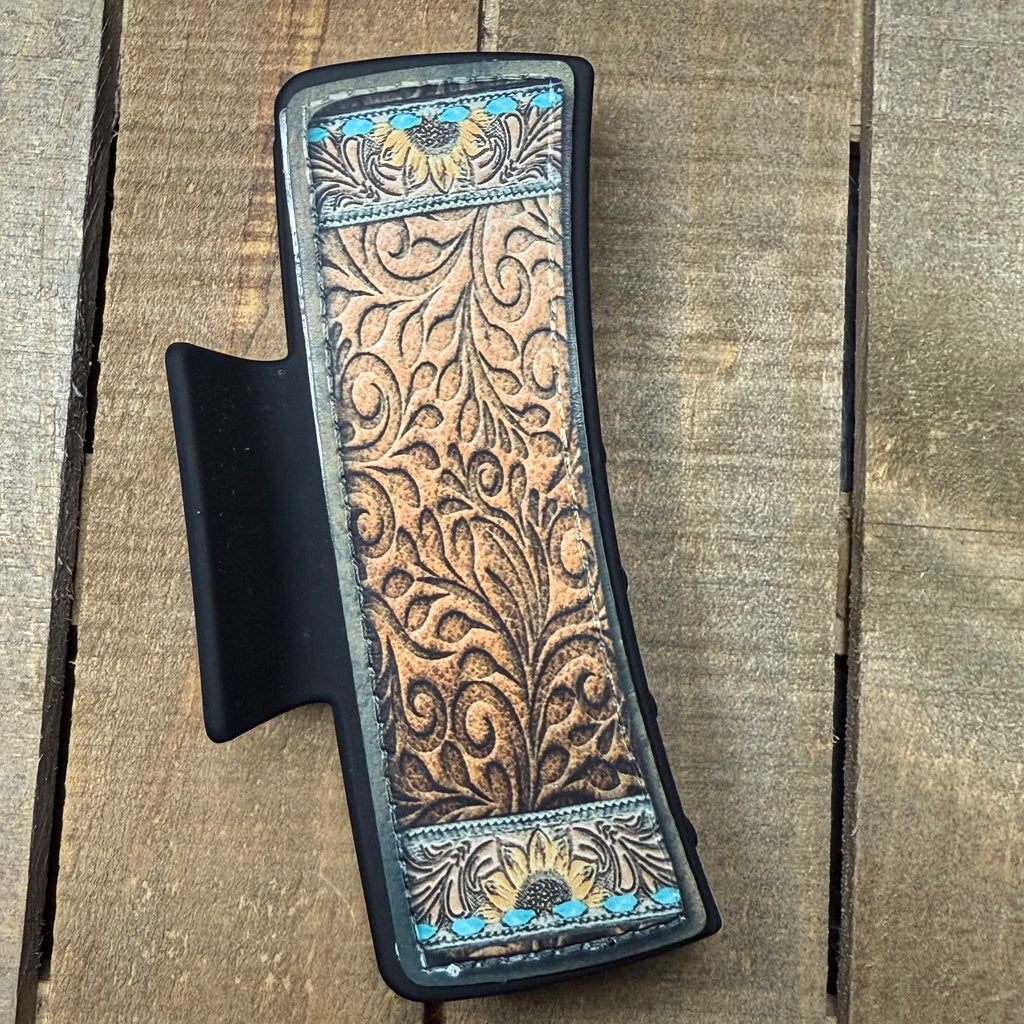 Tooled Leather with Turquoise & Sunflower Hair Claw Clip