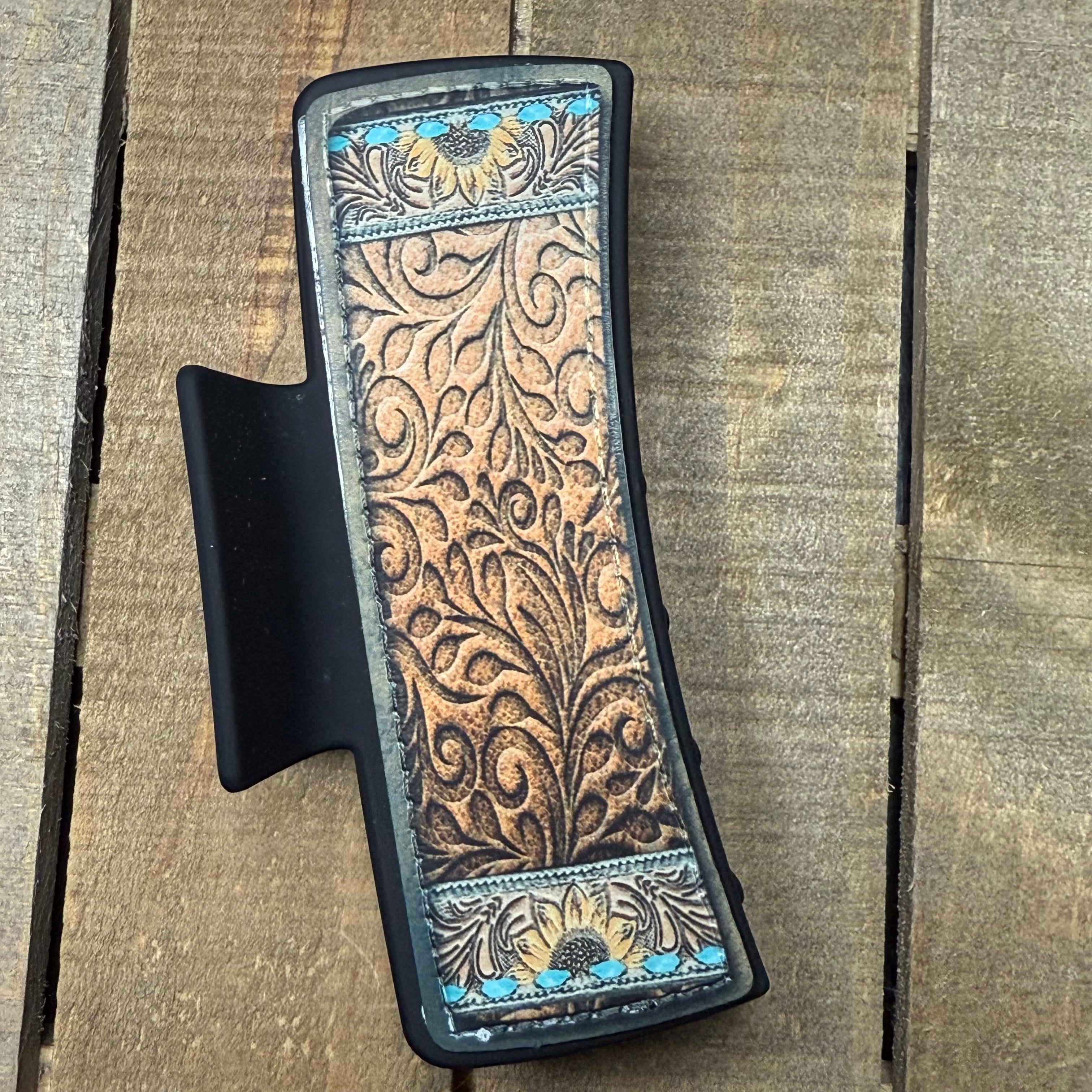 Tooled Leather with Turquoise & Sunflower Hair Claw Clip