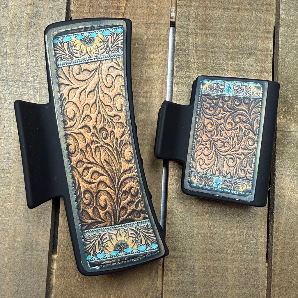 Tooled Leather with Turquoise & Sunflower Hair Claw Clip