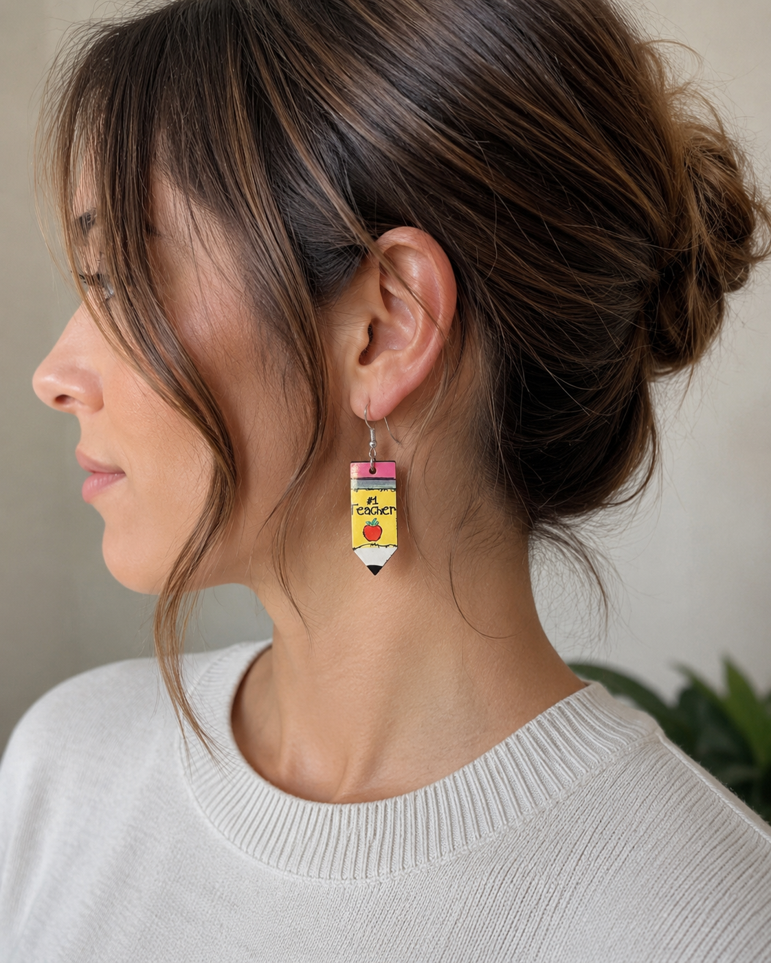 #1 Teacher Pencil Wood Earrings – Teacher Appreciation Dangle Earrings