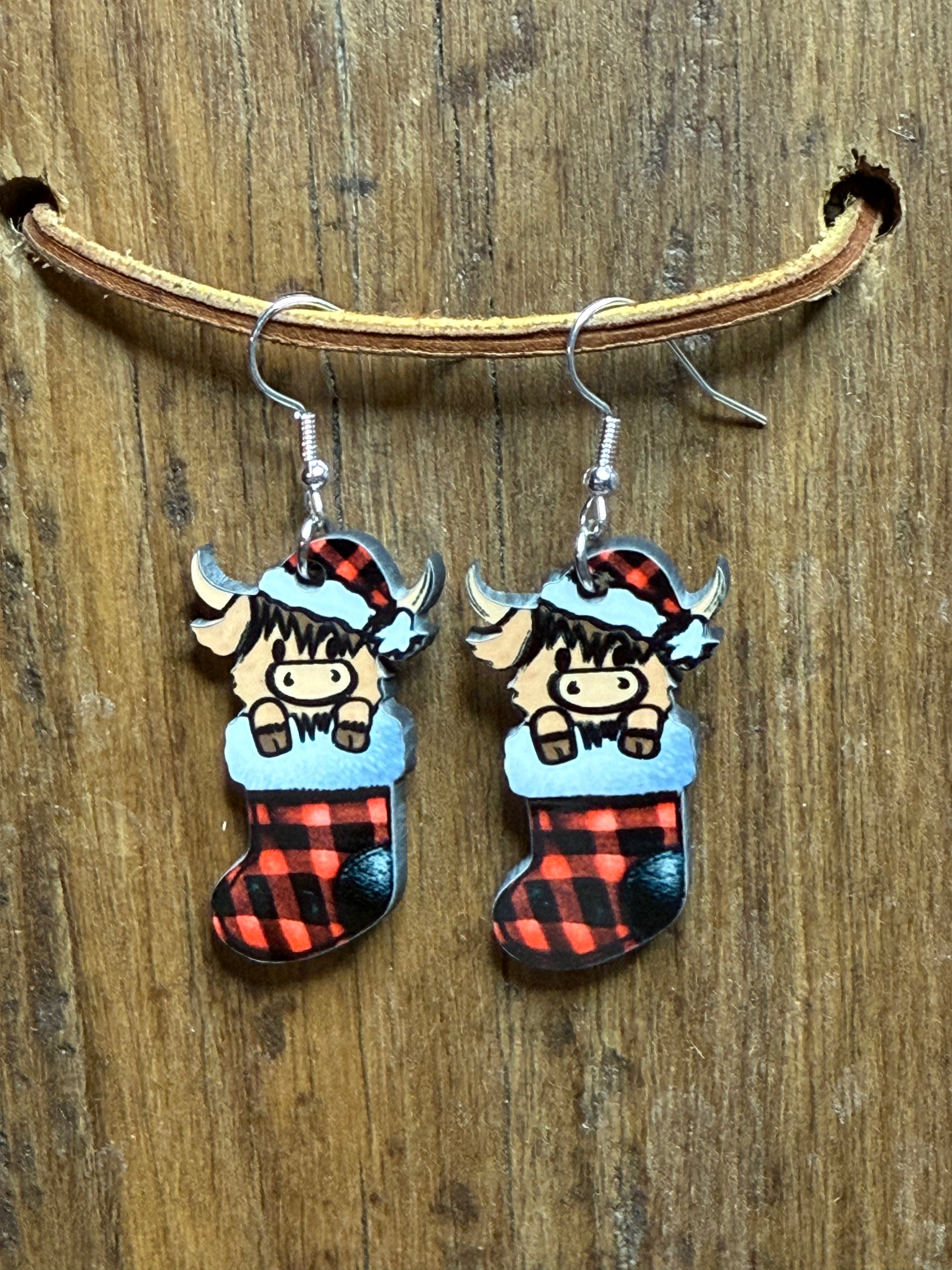 Highland Cow Stocking Wood Earrings – Nickel Free