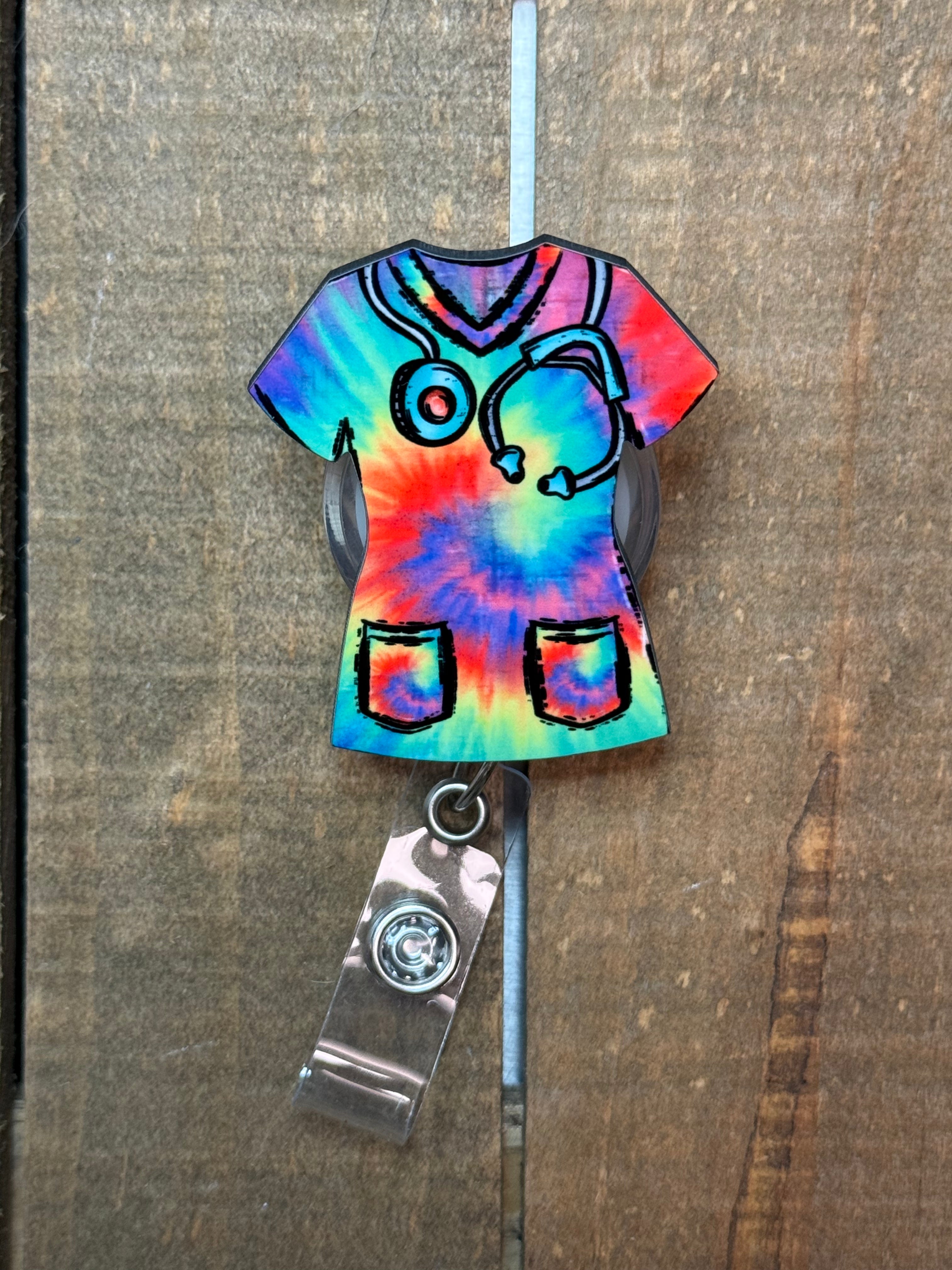 Tie-Dye Wood Badge Reel | Retractable ID Holder | Colorful Badge Reel for Nurses, Teachers & Office Staff