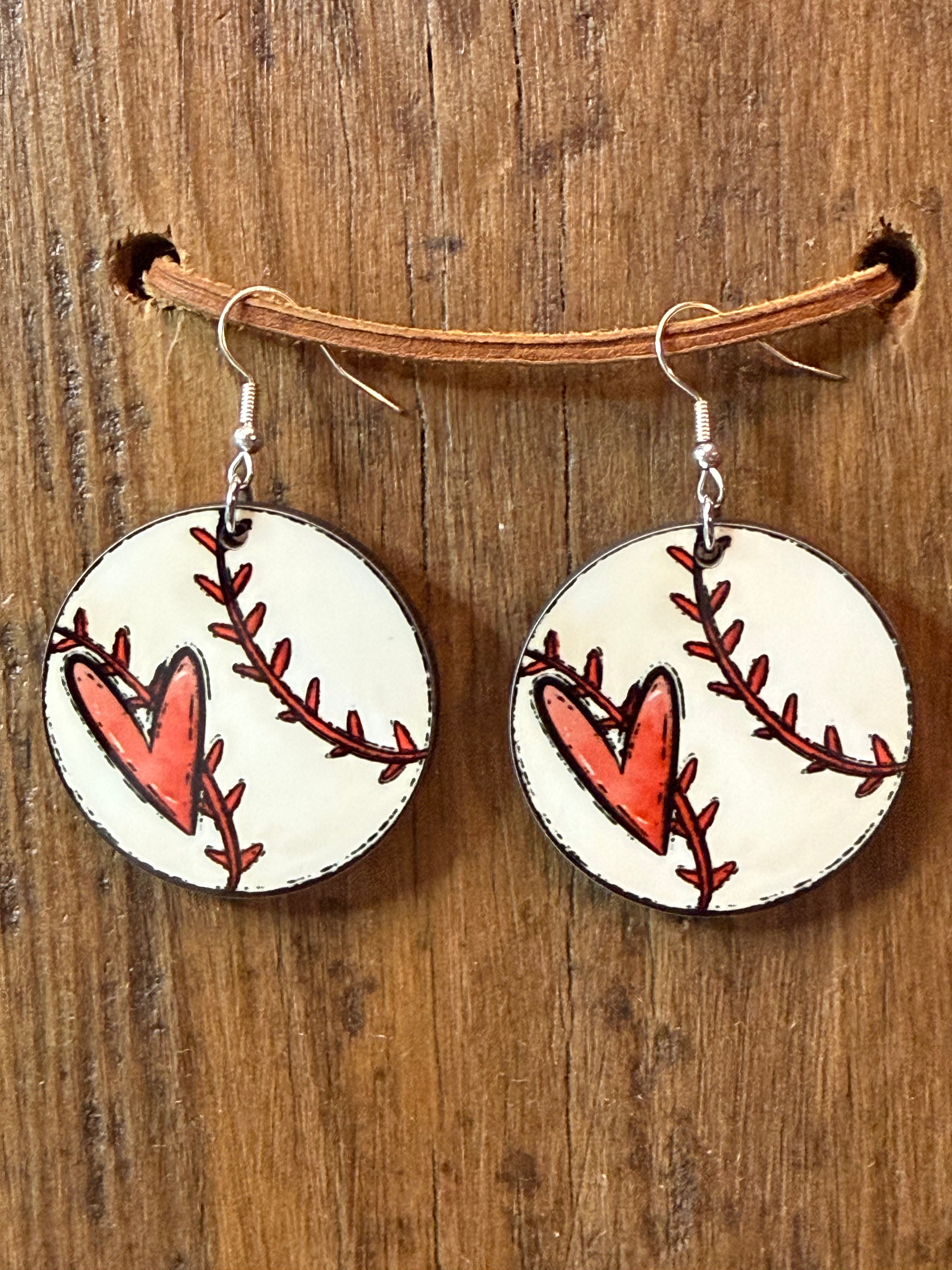Baseball with Heart Wood Earrings – Nickel Free Hooks