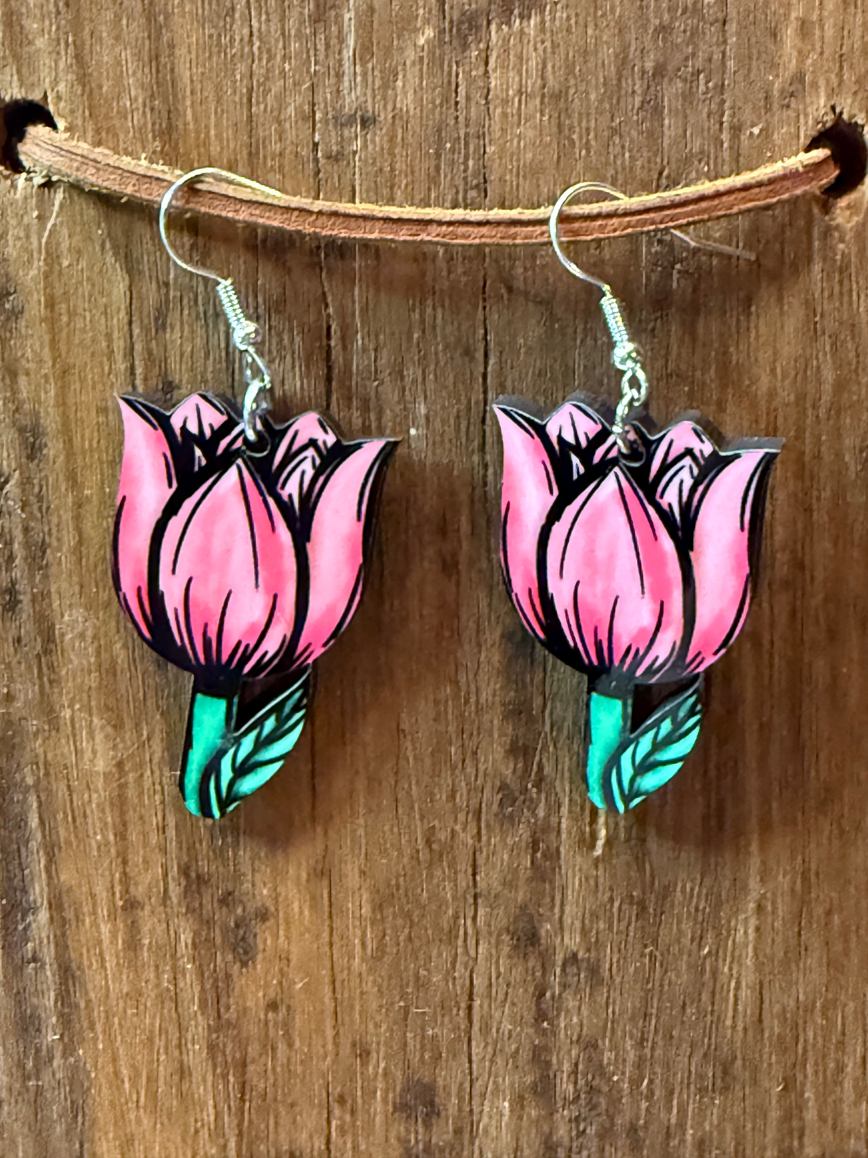 Pink Tulip Wood Earrings | Nickel Free Floral Earrings