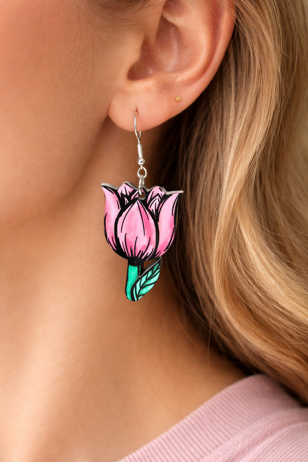 Pink Tulip Wood Earrings | Nickel Free Floral Earrings