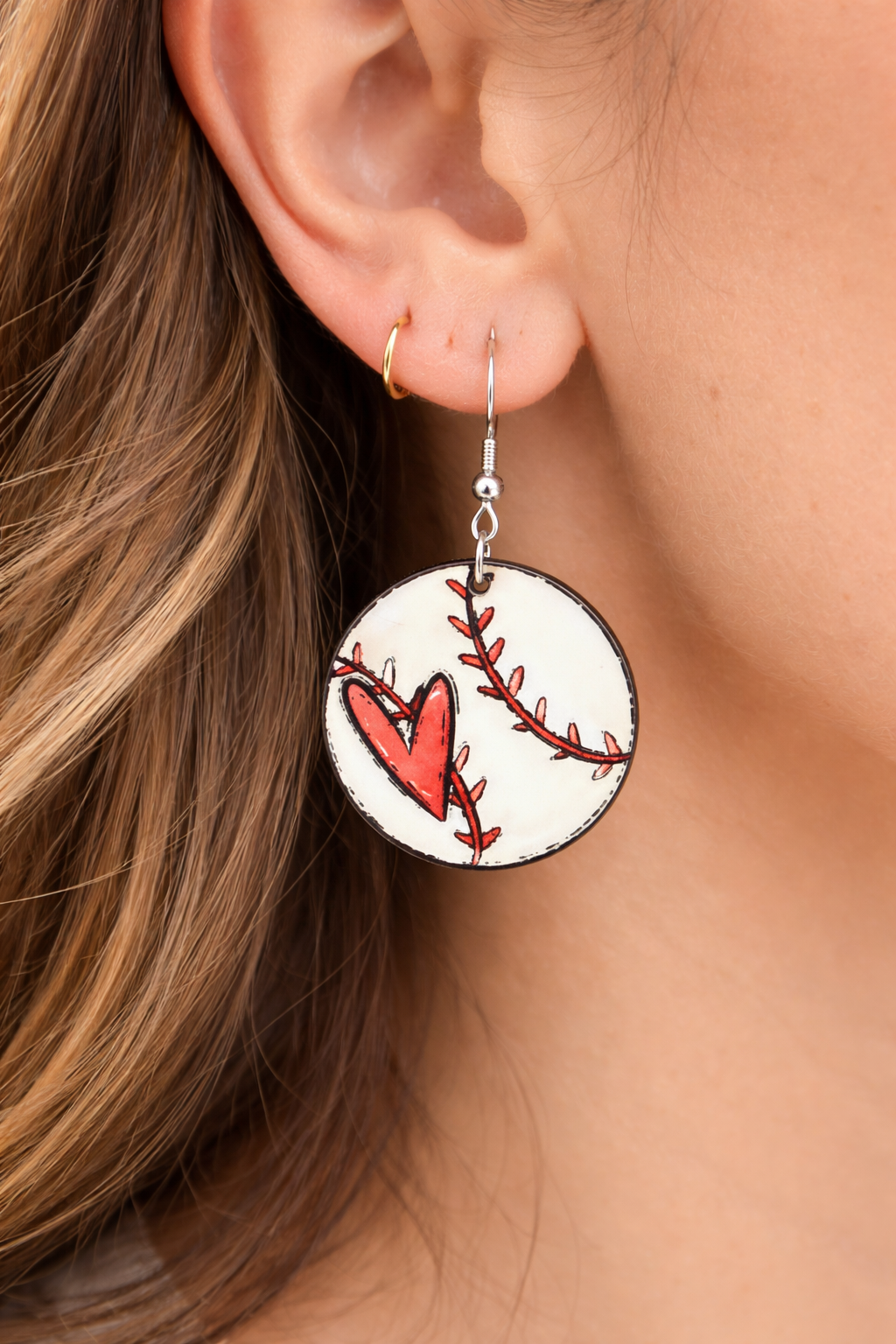 Baseball with Heart Wood Earrings – Nickel Free Hooks